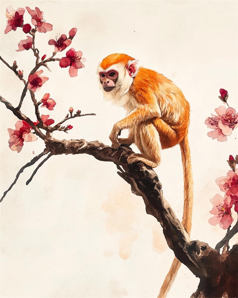Henypt Cross Stitch Kits for Adults,Monkey Standing On A Plum Blossom Branch Easy Counted Pre Printed Stamped Embroidery Set for Adult, 11Ct Cross Stitch Patterns, Advanced Embroidery Beginner St