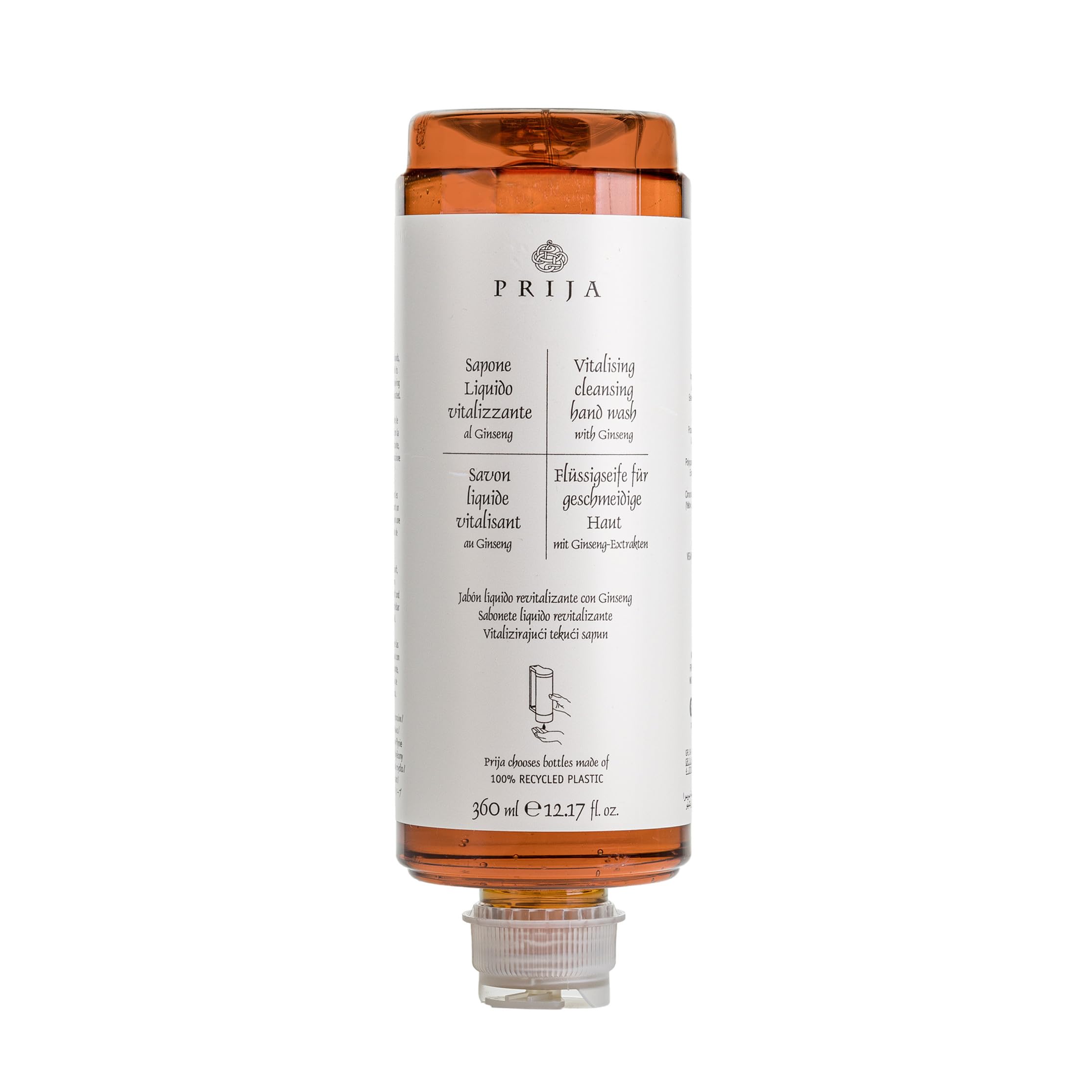 Prija Jabón líquido vitalizante con ginseng, 360 ml, dispensador de presión Cysoap, cartucho/frasco para dispensador, dispensador de aplastamiento, Wellness Spa Hotel Italia (18 x 360 ml)