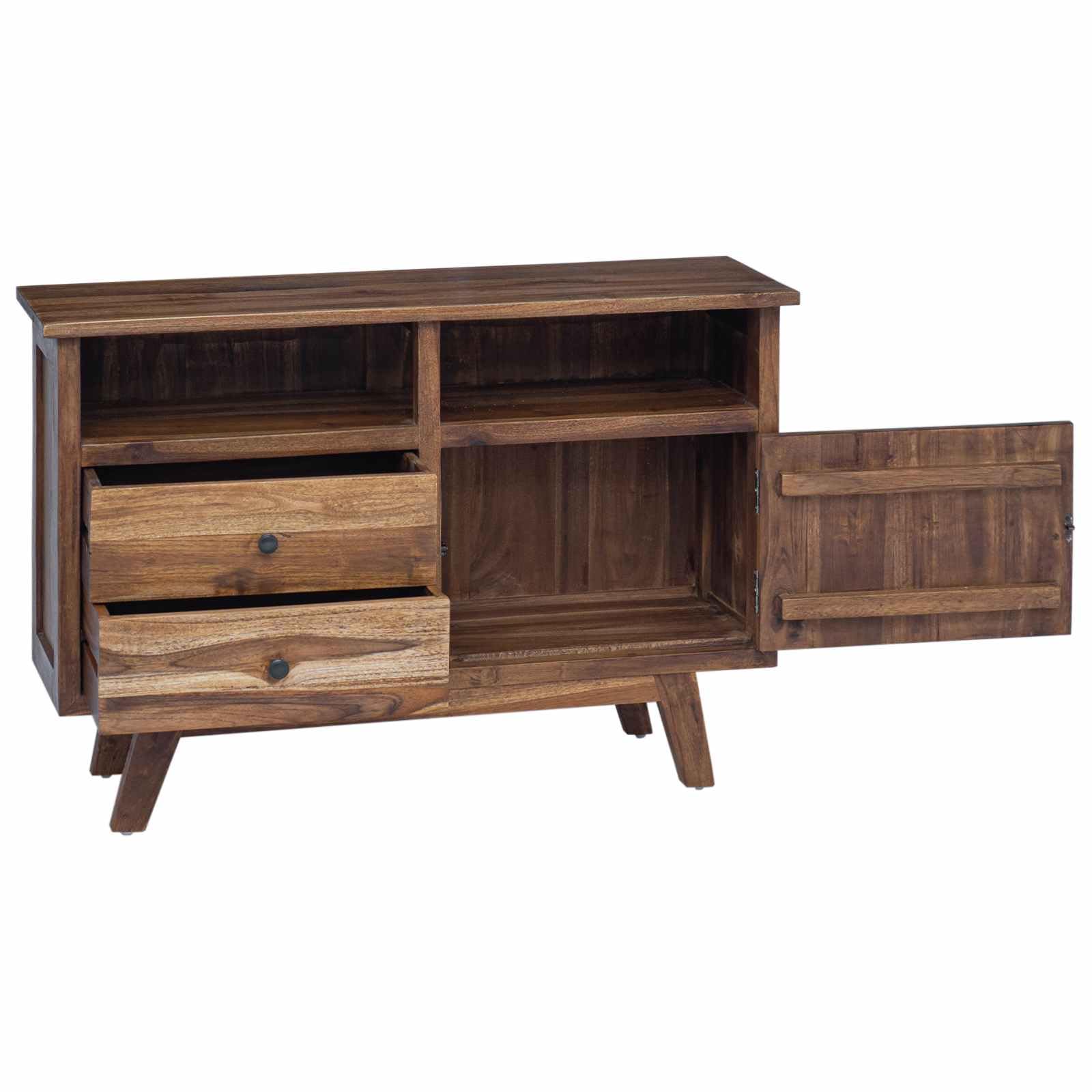 Aparador de teca 100 x 30 x 68 cm madera maciza natural con 2 cajones y puerta, cofre vintage grande para salón, comedor, cocina o pasillo