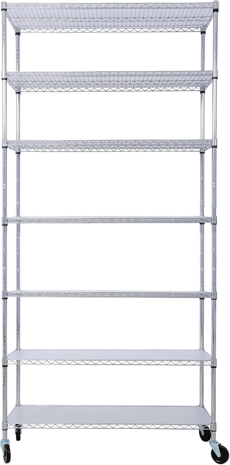 Scaffale in Filo Metallico A 7 Ripiani Resistente con Ruote, Regolabile, Portata Massima 1110 kg, Ideale per Armadi, Garage, Cucine E Cantine - Dimensioni: 207 Cm (Altezza) X 122 Cm (Lunghezza)