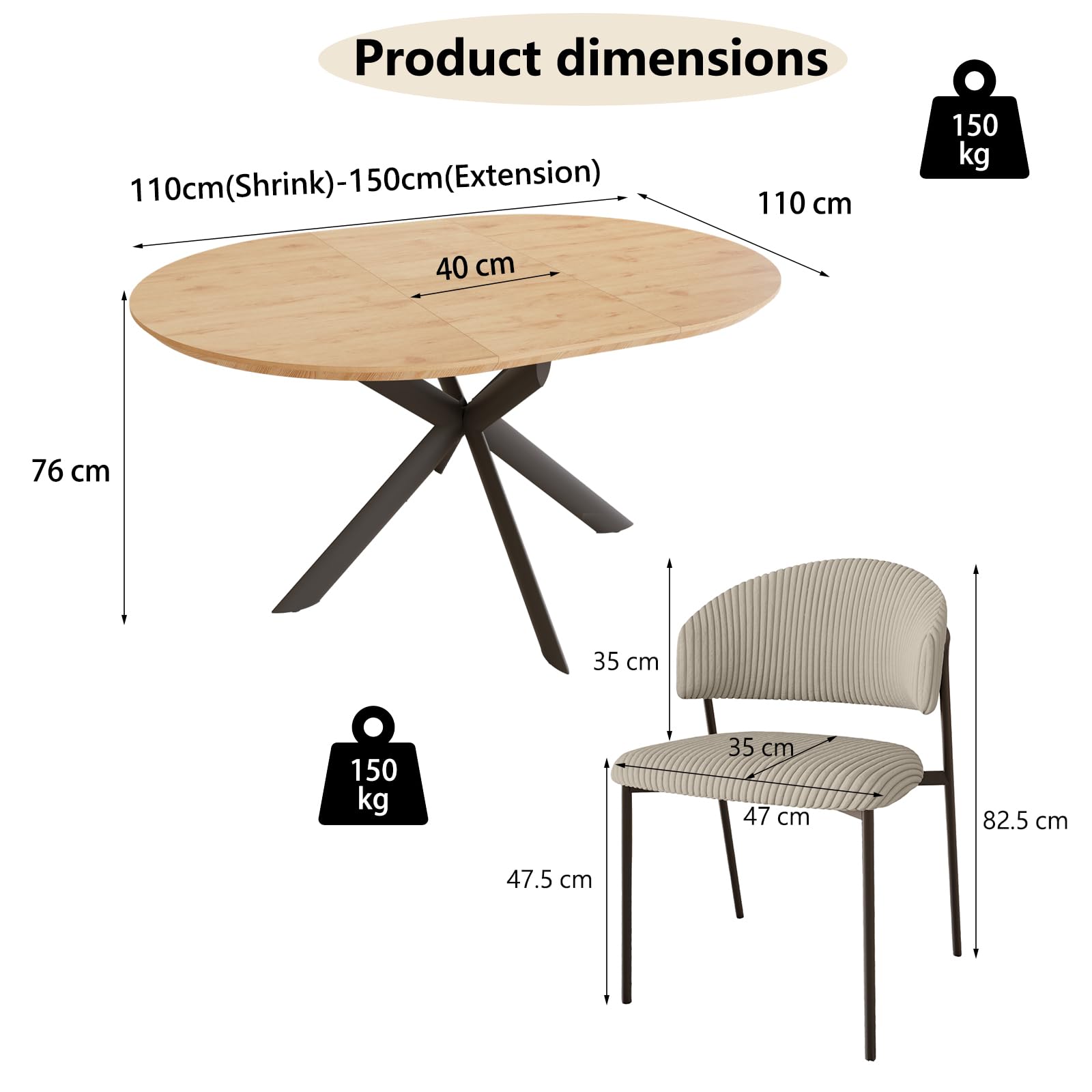 JIEXI Juego de 4 mesas de Comedor Redondas Extensibles, 110-150 cm, Acabado de Roble MDF, 4 sillas de Pana, Estilo Moderno y contemporáneo para Comedor y Cocina