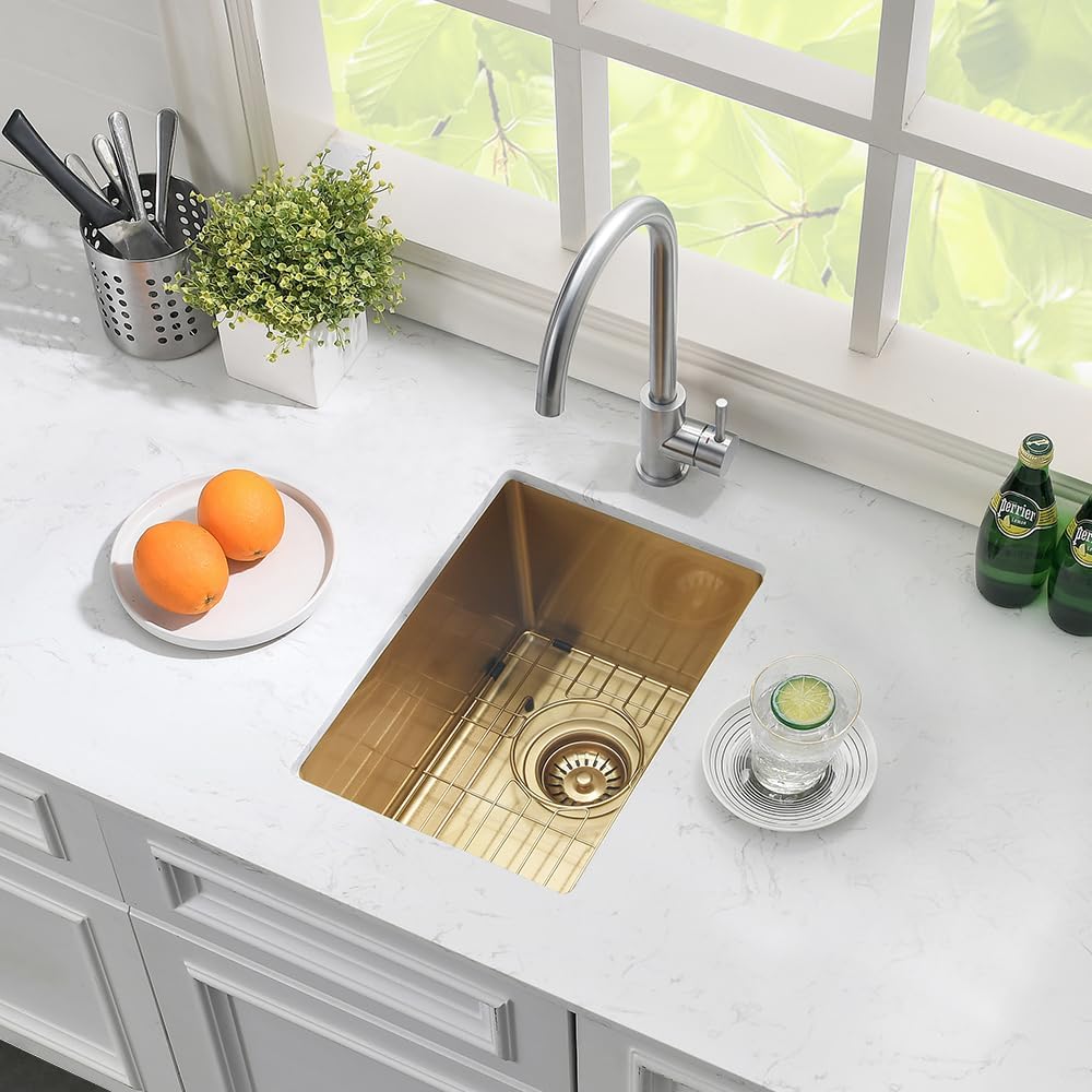 Gold Bar Sink Undermount-Hovheir 12x16 Small Kitchen Sink Undermount Wet Bar Sinks 16 Gauge Brushed Gold Stainless Steel Outdoor Rv Sinks Deep Single Bowl Camper Basin with Bottom Grid