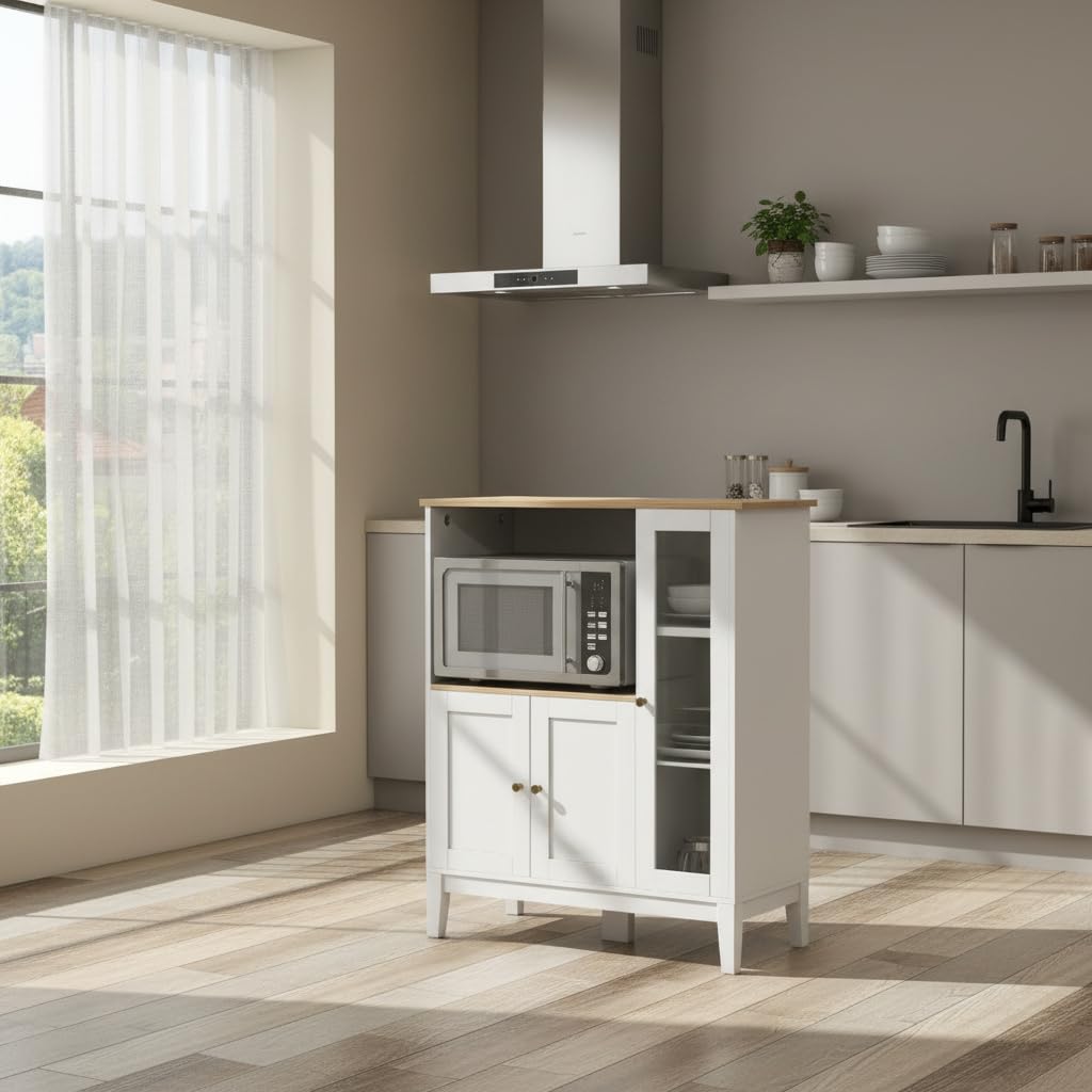 Credenza Cucina Bassa Rustica Mobile Cucina Vano Porta-Microonde 3 Ante Dimensioni 80x35x97 cm Bianco