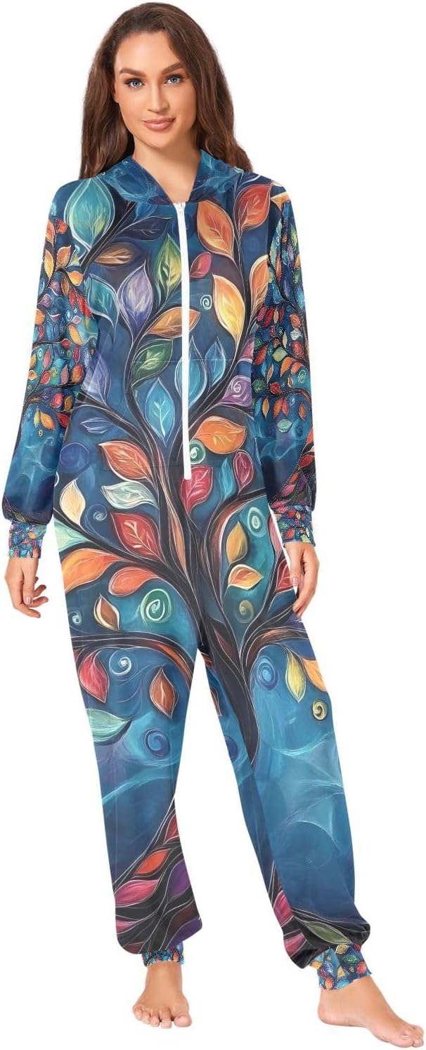 Rainbow Tree Of Life Swirls Adult Onesie Pajamas for Unisex Novelty One Piece Costume Sleepwear