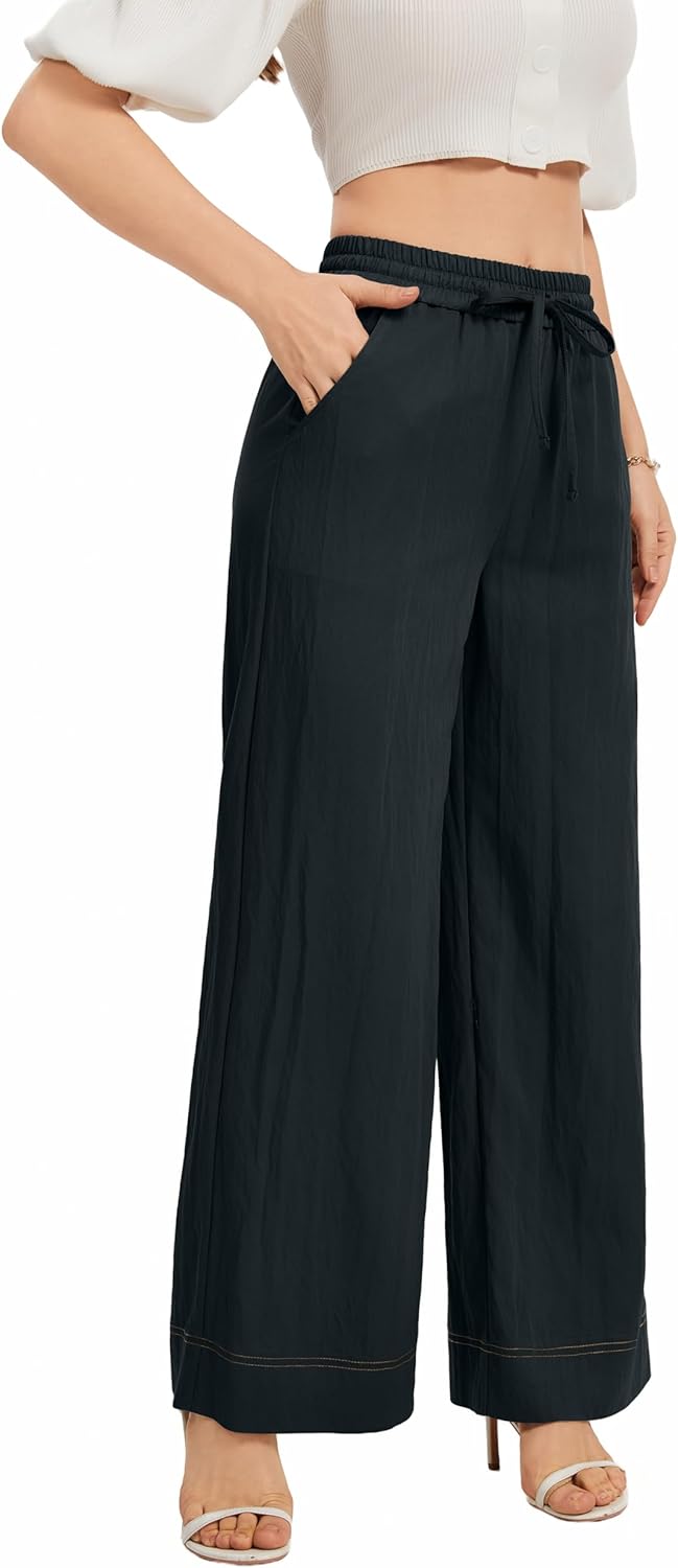Casual Women's Wide Leg Summer Pants High Elastic Drawstring Waisted Cropped Loose Trousers - Image 4