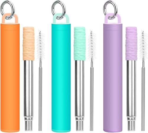 FYY Pajitas reutilizables, paquete de 3 popotes plegables de acero inoxidable con cepillo de limpieza y puntas de silicona, pajitas telescópicas