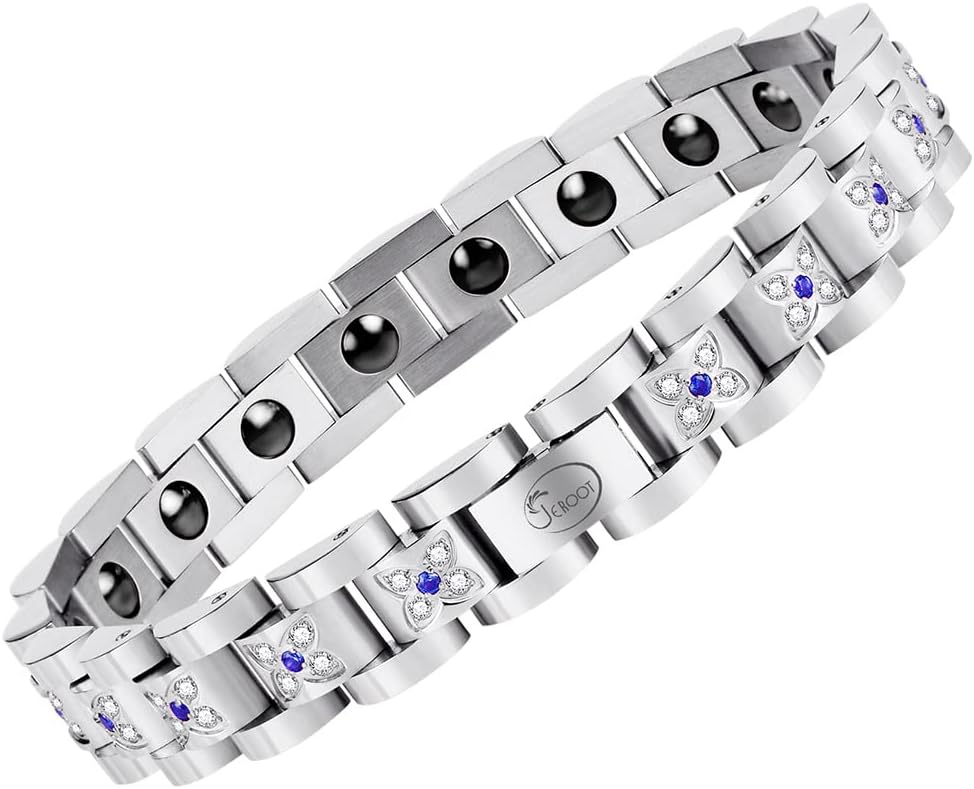 JEROOT Magnetic Hematite Bracelet for Women, Titanium Steel Bracelet, Adjustable Blue Zirconia Silver Wrist Strap Bracelet with Removal Tool