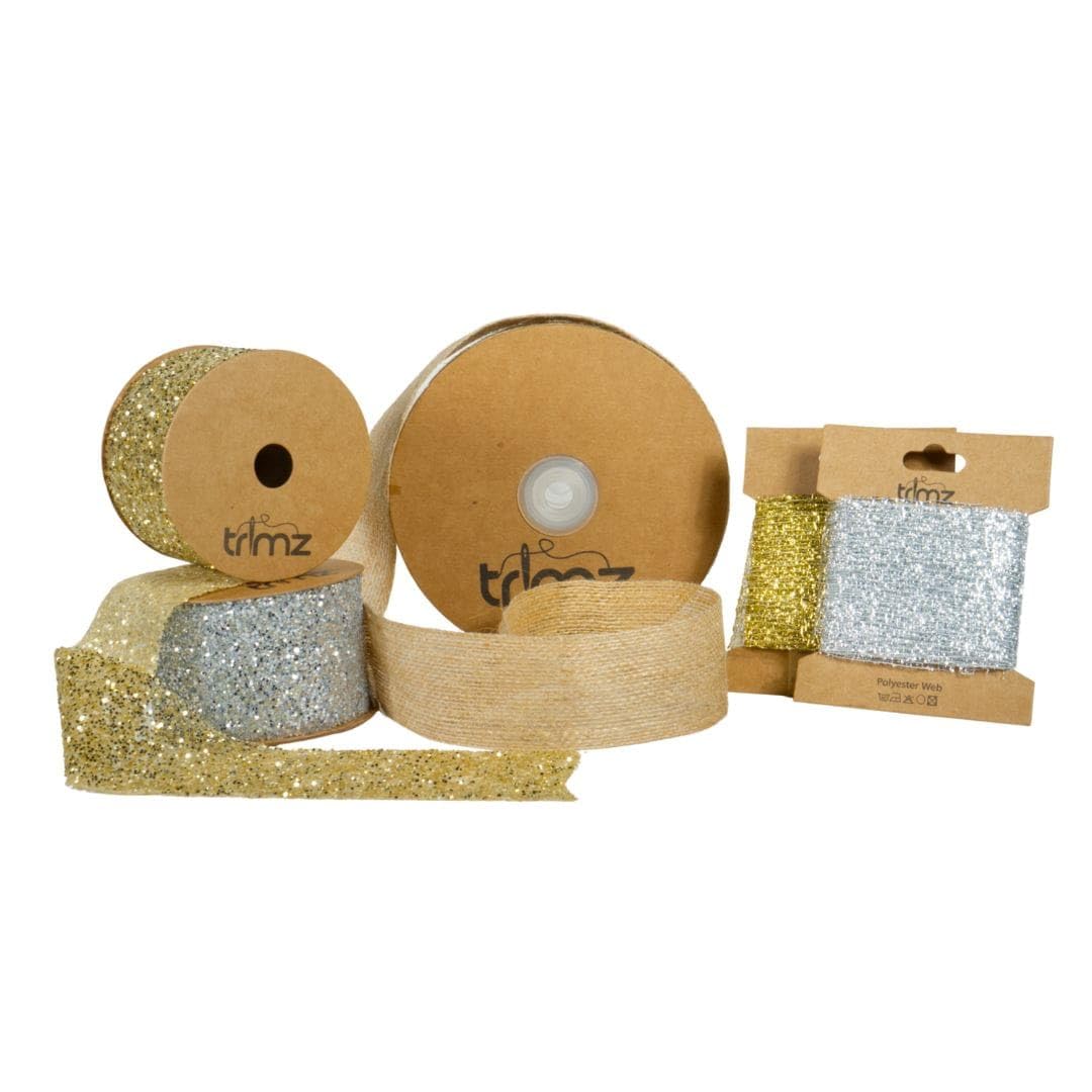 Trimz Silver/Gold/Natural Sparkle Starter Ribbon Bundle – Hessian Tape With & Webbing (3M Each) And Glitter Organza Ribbons – Mixed Metallic Craft Set For Décor, Wrapping & Diy Projects