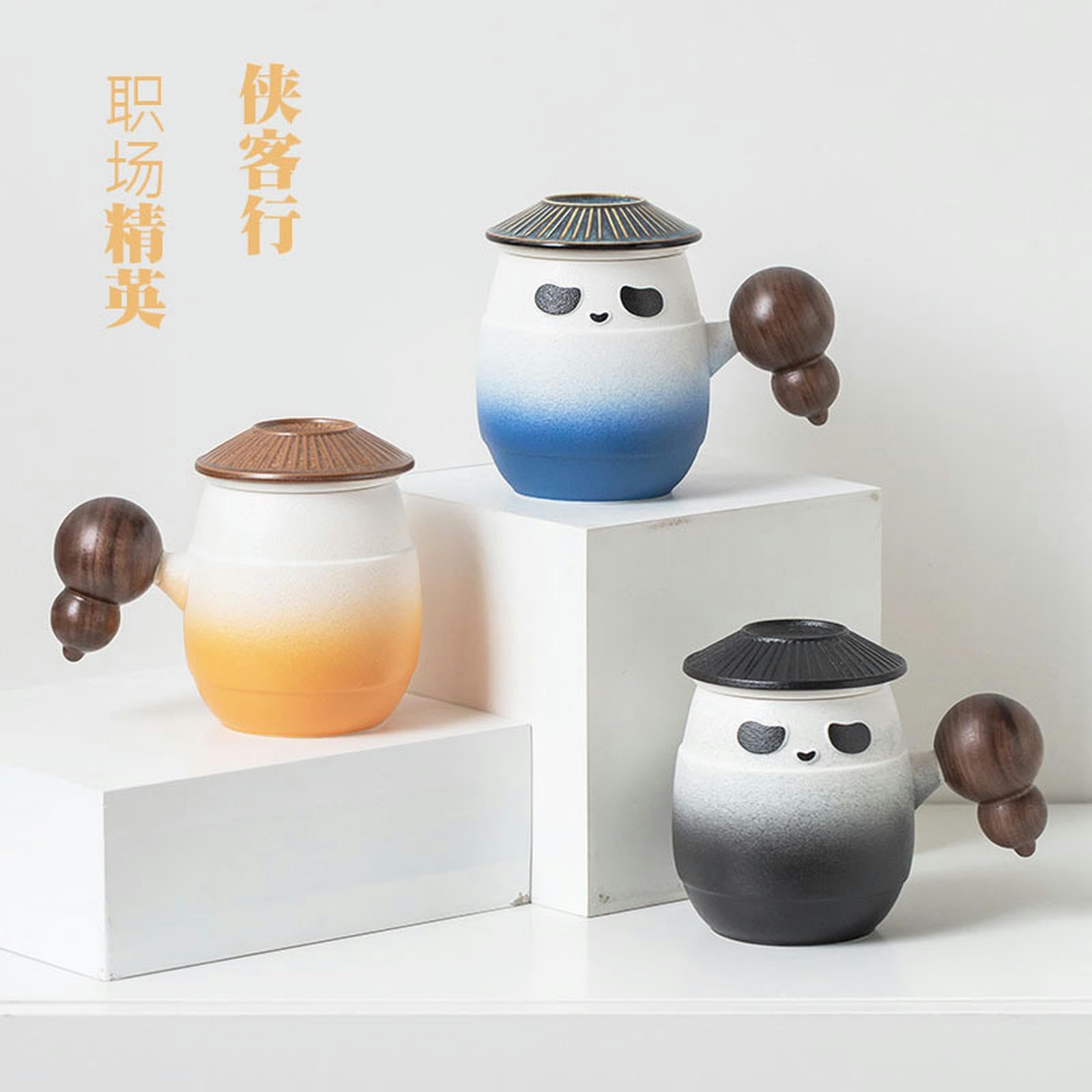 CAPIJIONG Bureau en céramique de 300ml/10 oz avec couverture, fabrication de thé, séparation du thé, filtre personnel, tasse de panda, tasse d'amoureux pour le bureau-boîte-cadeau - bleu-301-400ml