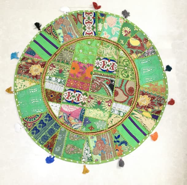 KALAEKAM Indian Ethnic Patchwork Cover | Decorative Round Pouf Comfortable Floor Cushion, Design Multiple Use Floor Sitting Table Throw Without Filler 32" (Green)-image-23