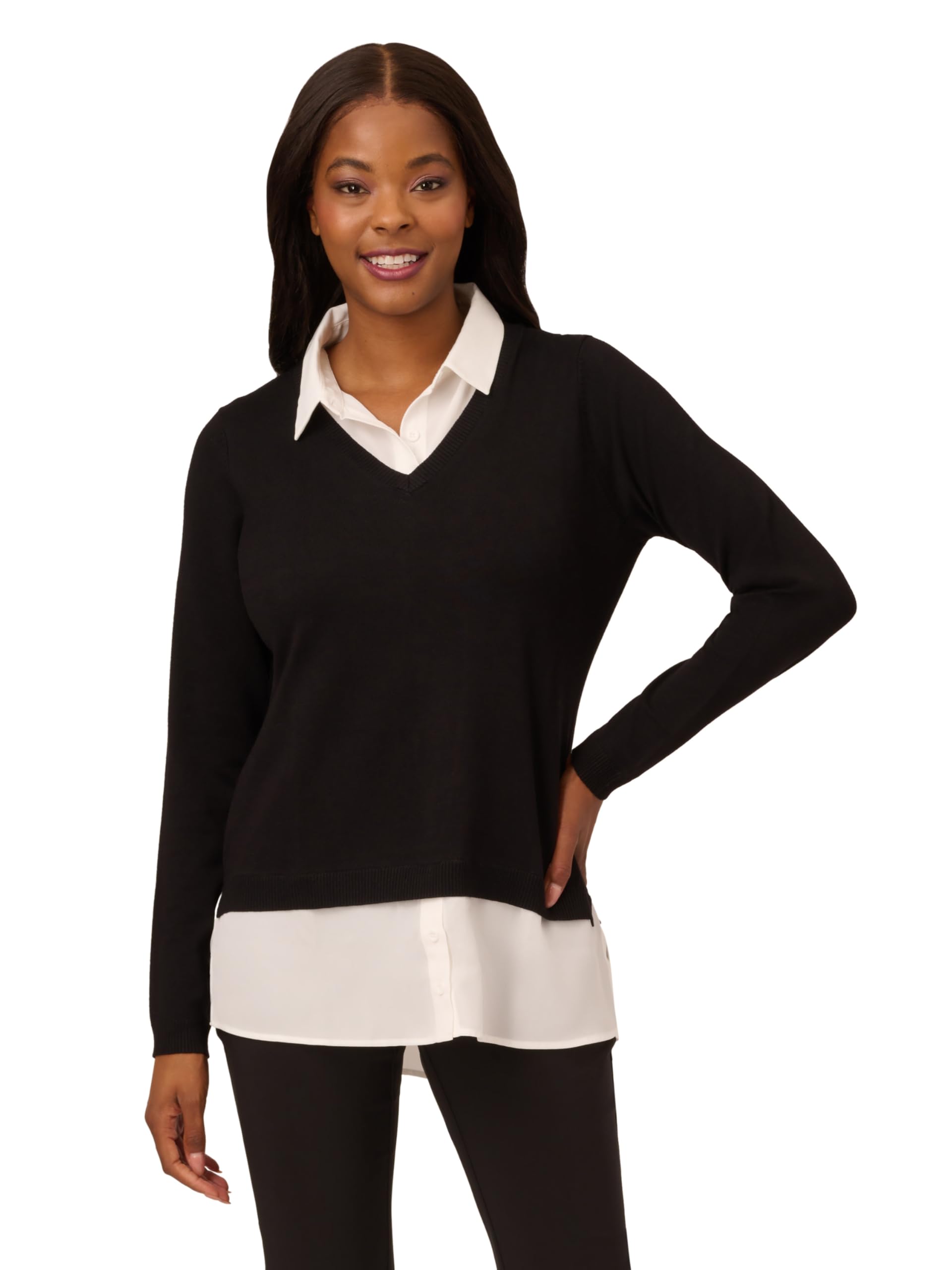 Adrianna Papell Womens Solid V-Neck Twofer Sweater