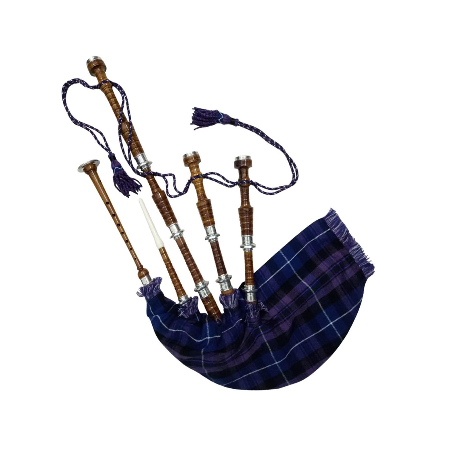 TC Scottish Great Highland Dudelsack mit silberfarbenen Halterungen, natürliches Finish, Palisander, verschiedene Schottenkaros, mit Übungspfeifen/Drohne (Pride of Scotland)