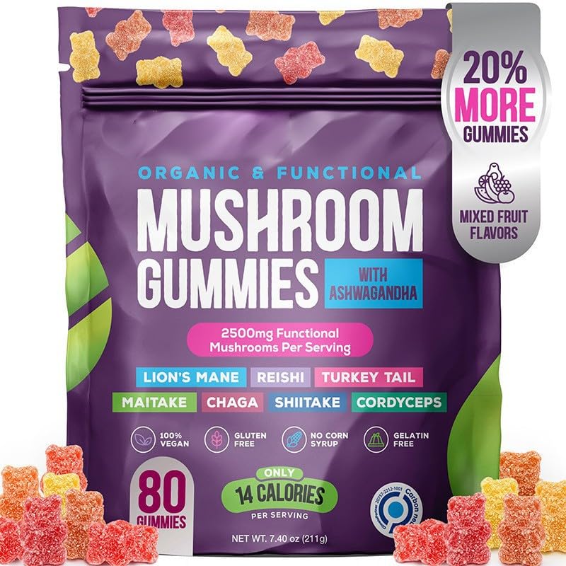 Gominolas de setas (80 unidades, sabores frutales variados), con 7 tipos de setas, totalmente veganas.