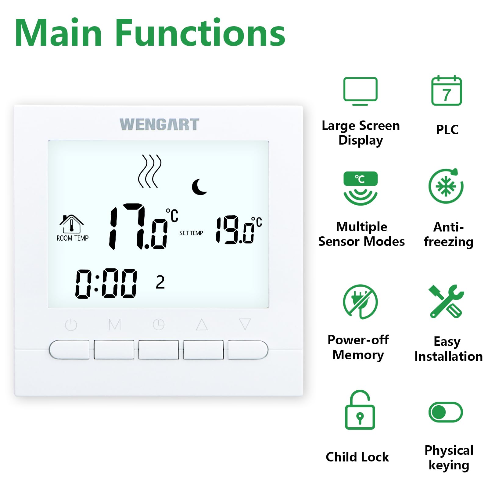 Wengart Thermostat Programmable WG02B04 - Spécifique Chauffage au Sol Hydraulique (3A) - Grand Écran avec Touches Physiques - AC 230V - Compatible Boîtier Rond Standard 60mm - Blanc