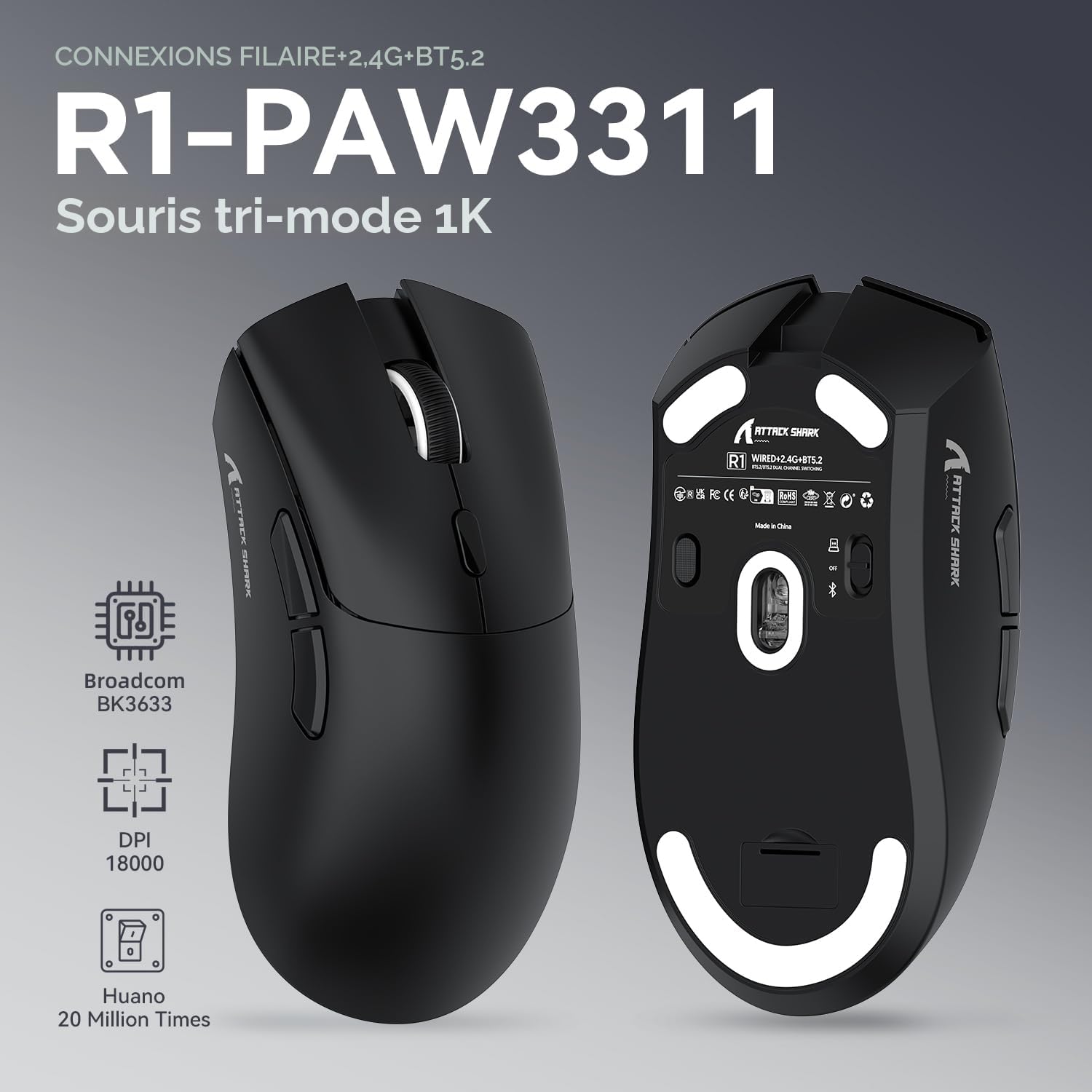 ATTACK SHARK R1 Souris Superlight 59 g, capteur de Jeu PixArt PAW3311, Souris de Jeu sans Fil/Filaire BT/2,4 G, 6 DPI réglables jusqu'à 18 000, Batterie de 65 Heures (Noir)