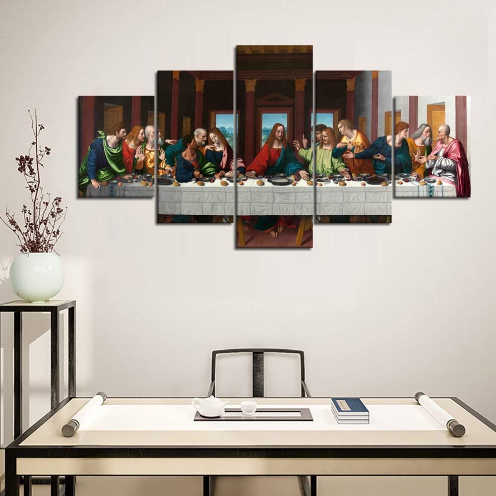 The Last Supper Painting Prints on Canvas Last Supper Wall Art Decor for Living Room Modern 5 Panels Jesus Pictures Posters Giclee Gallery Wrap Artwork Stretched Framed Ready To Hang (60''Wx32''H)