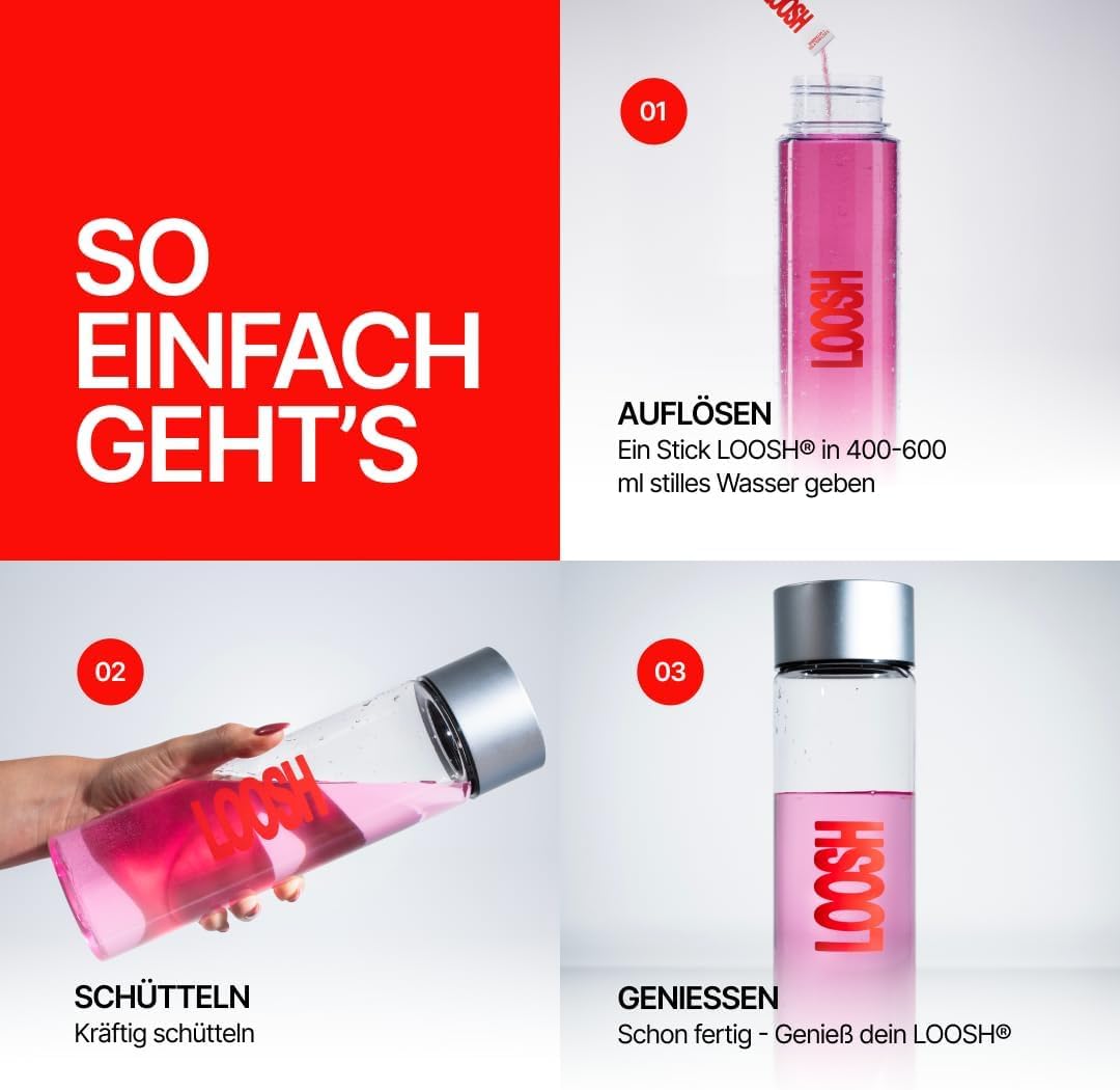 LOOSH Starter Set Hydration Deluxe | 2x30 Core Hydration Elektrolyte Sticks (Erdbeer Minze & Gurke Zitrone) + 900ml Tritan™ Trinkflasche | Elektrolyte ohne Zucker mit Kalium, Magnesium & Vitamin C