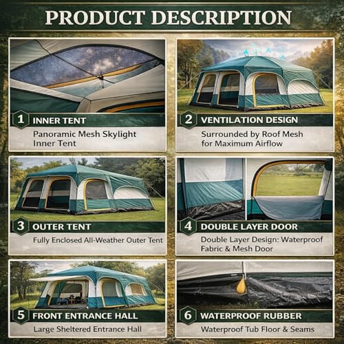 Image of Large Camping Tent for 9-12 Person Spacious Outdoor Tent House For Hiking Waterproof Dome Portable Spacious Camping Tent Perfect for Hiking Travel,Trekking&Outdoor Adventures( 410*305*200cm)