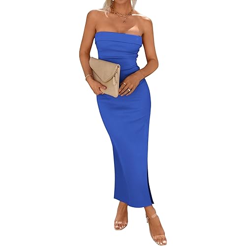 BTFBM Women's Strapless Tube Dress 2024 Summer Knit Backless Slit Formal Bodycon Wedding Cocktail Party Maxi Dresses