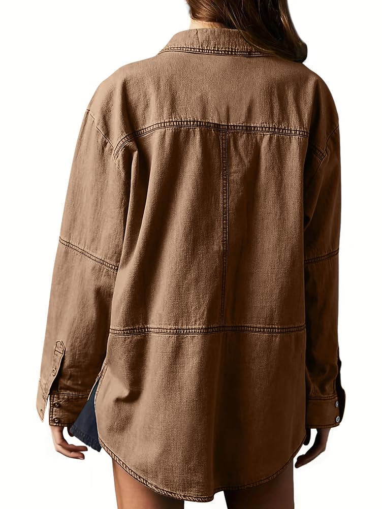 Maglietta Jeans da Donna con Scollo a V Tops a Maniche Lunghe in Denim alla Moda Vintage Casual Camicia in Cowboy con Tasche Business Office Streetwear