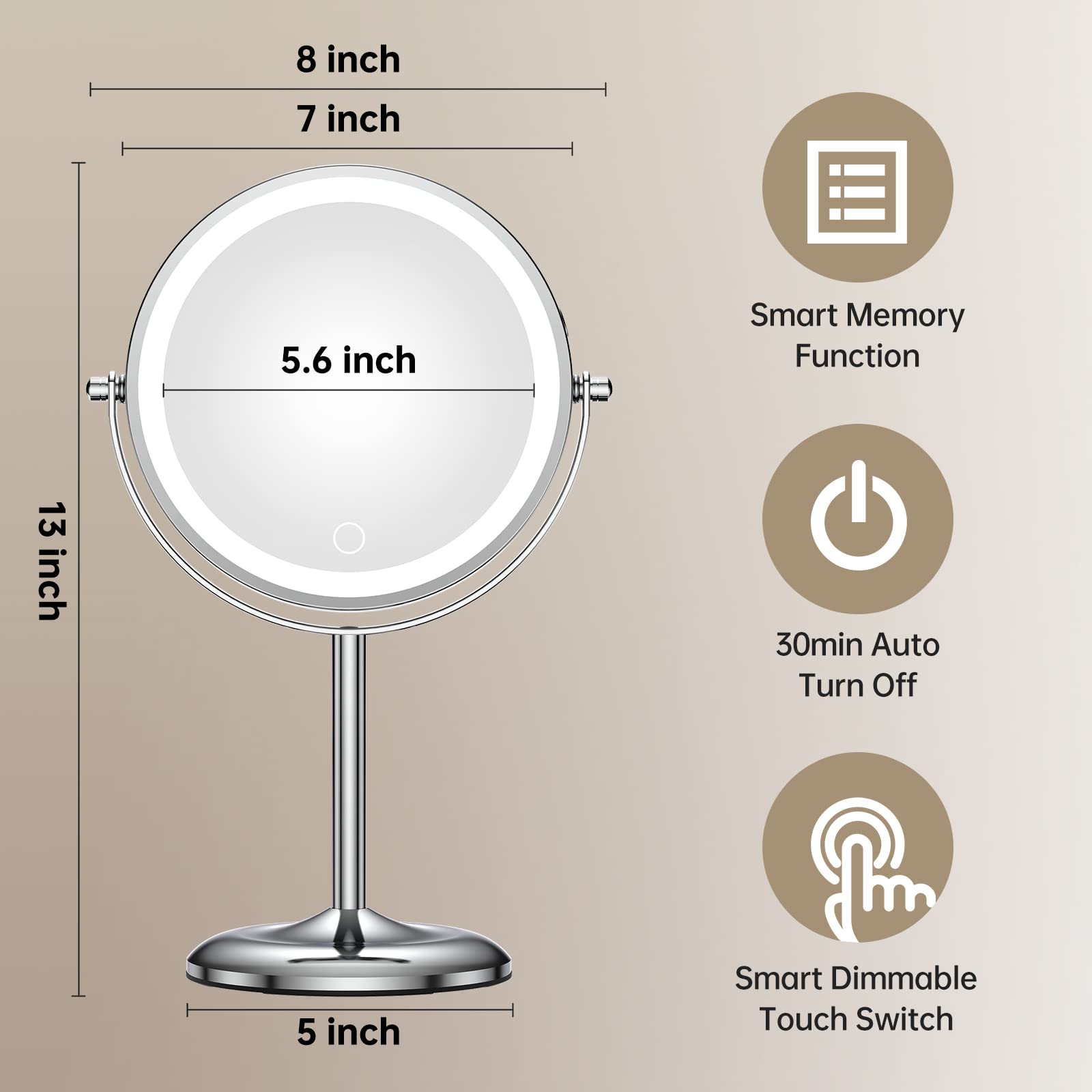 Gospire Miroir de maquillage lumineux de 17,8 cm avec grossissement 10x/1x, lumières LED rechargeables sans fil à intensité variable, pivotant à 360°, miroir de courtoisie cosmétique sur pied pour