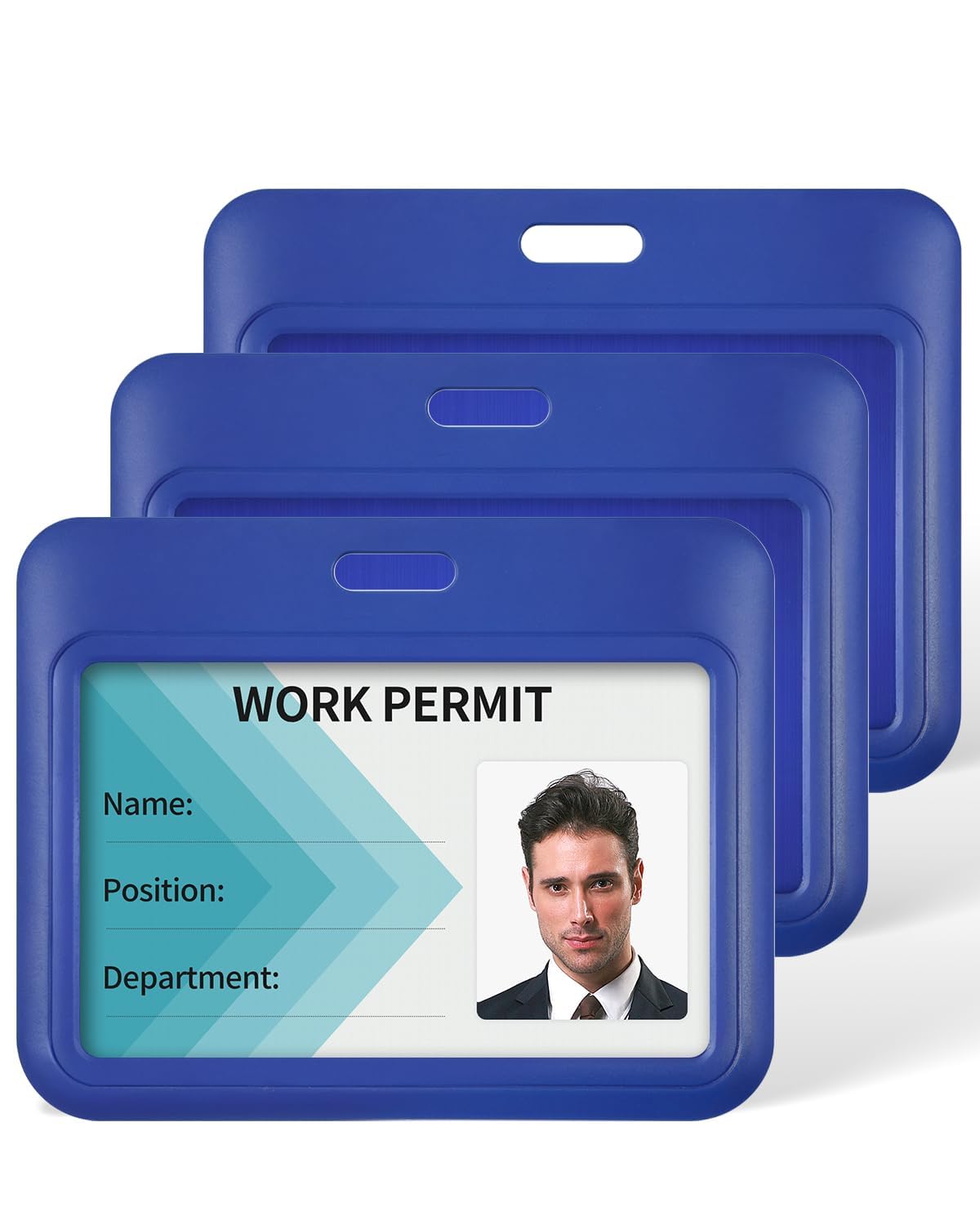Sliding ID Badge Holder | Hard Plastic ID Card Case with Clear Window | Vertical & Horizontal Card Protector for Office, School, Nurse, Staff, Bus Pass (Blue (Horizontal), Pack of 2)