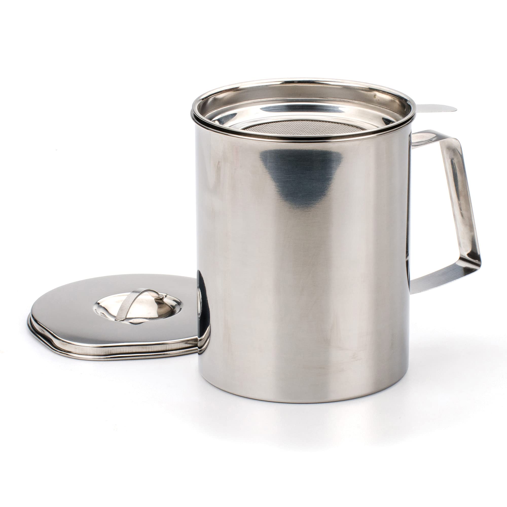 RSVPInternational Endurance Stainless Steel Fryer's Friend Pot Can, 6 Cup | For Cooking Oil, Fats, Olive Oils, Coconut Oil & More | Includes Mesh Strainer | Grease Storage|Dishwasher Safe