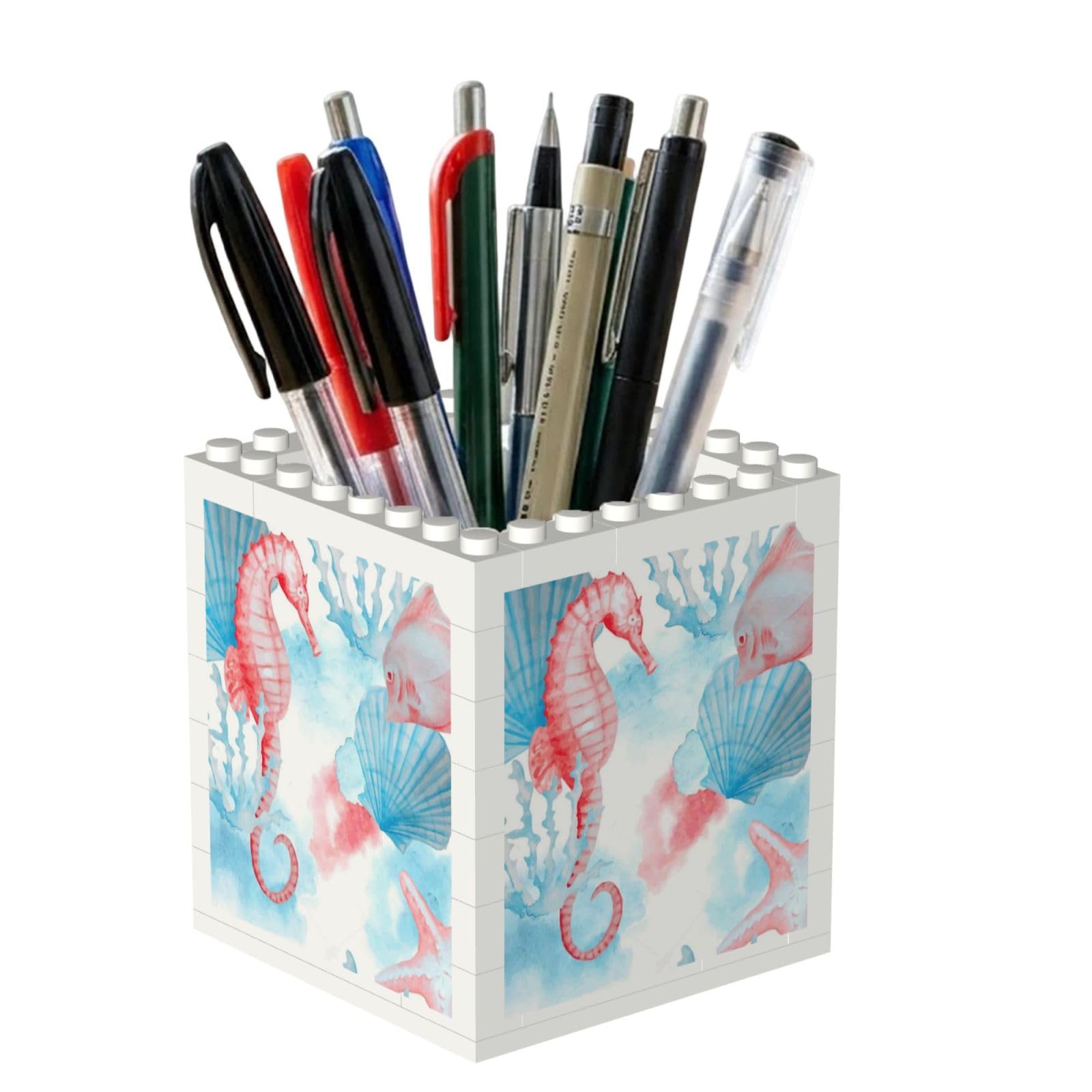 Poadnly Watercolor Shells Sea Horse Fish, Pen Pot Pencil Holder for Office Home School, Compact Desk Organiser for Office Stationery