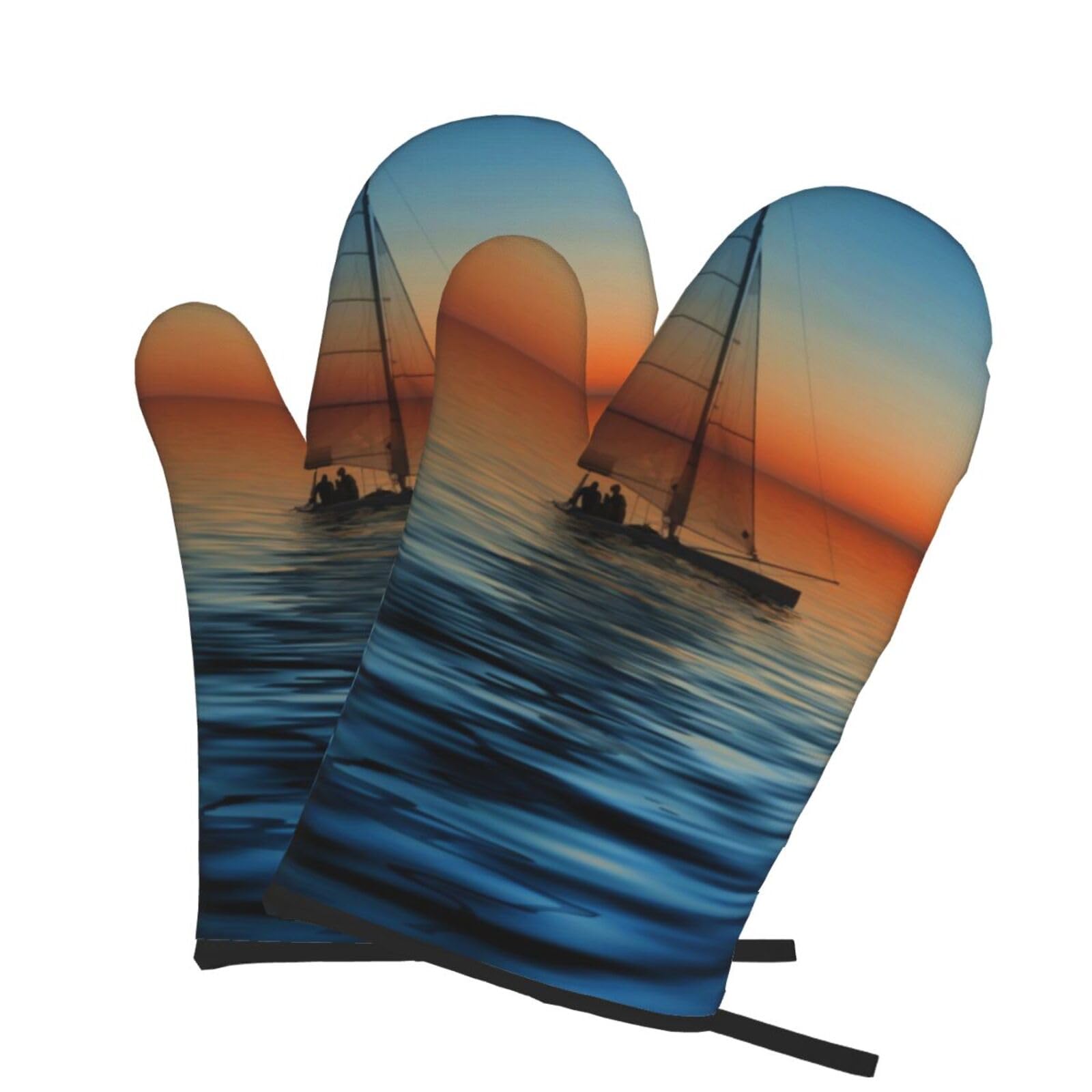 Oven Mitts Set of 2 Pcs, Sunset Beach Sailboat Prints Heat Resistant Kitchen Gloves for Cooking Baking Grilling