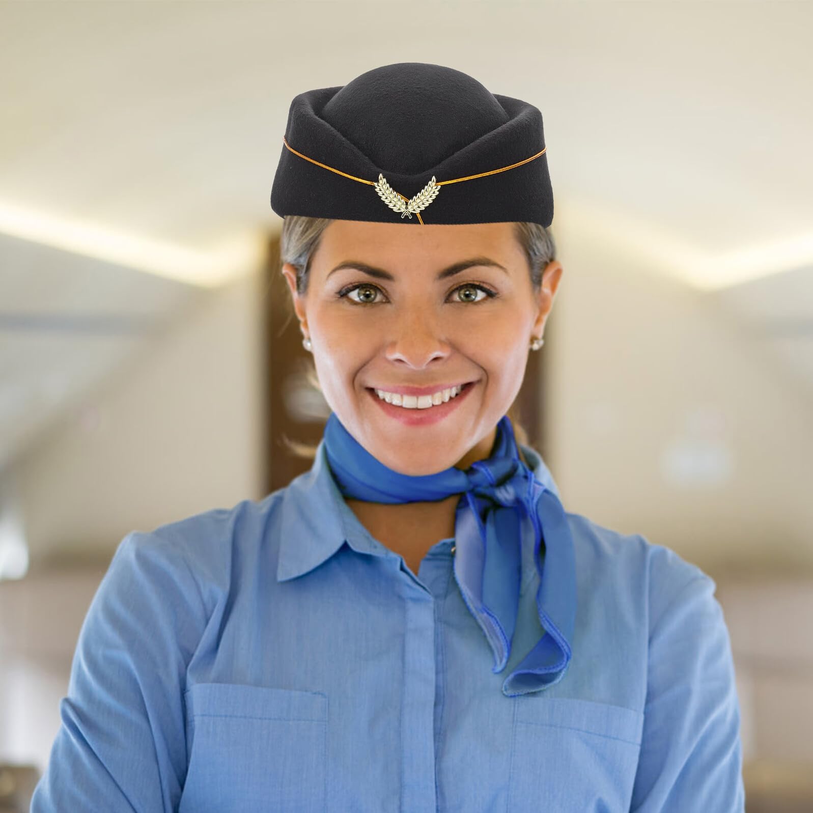 Kapelusz Stewardessy Ozdobny Kapelusz Cosplay Uniformowy Do Przebrania Idealny Imprezy Tematyczne i Halloween Czarne Akcesorium Stewardess