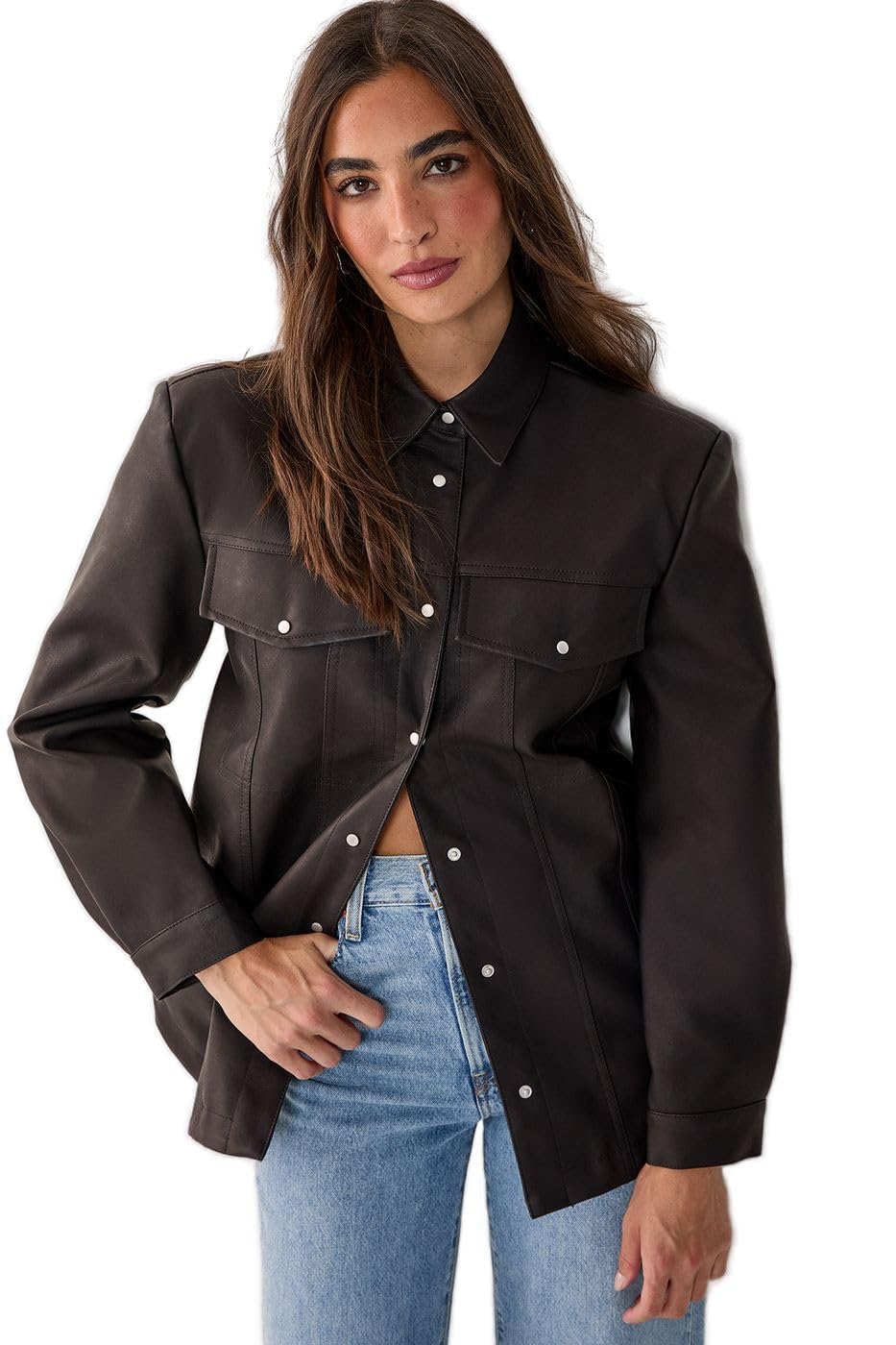 Nasty Gal Women's Chocolate Western Faux Leather Shoulder Pad Shirt, 14,