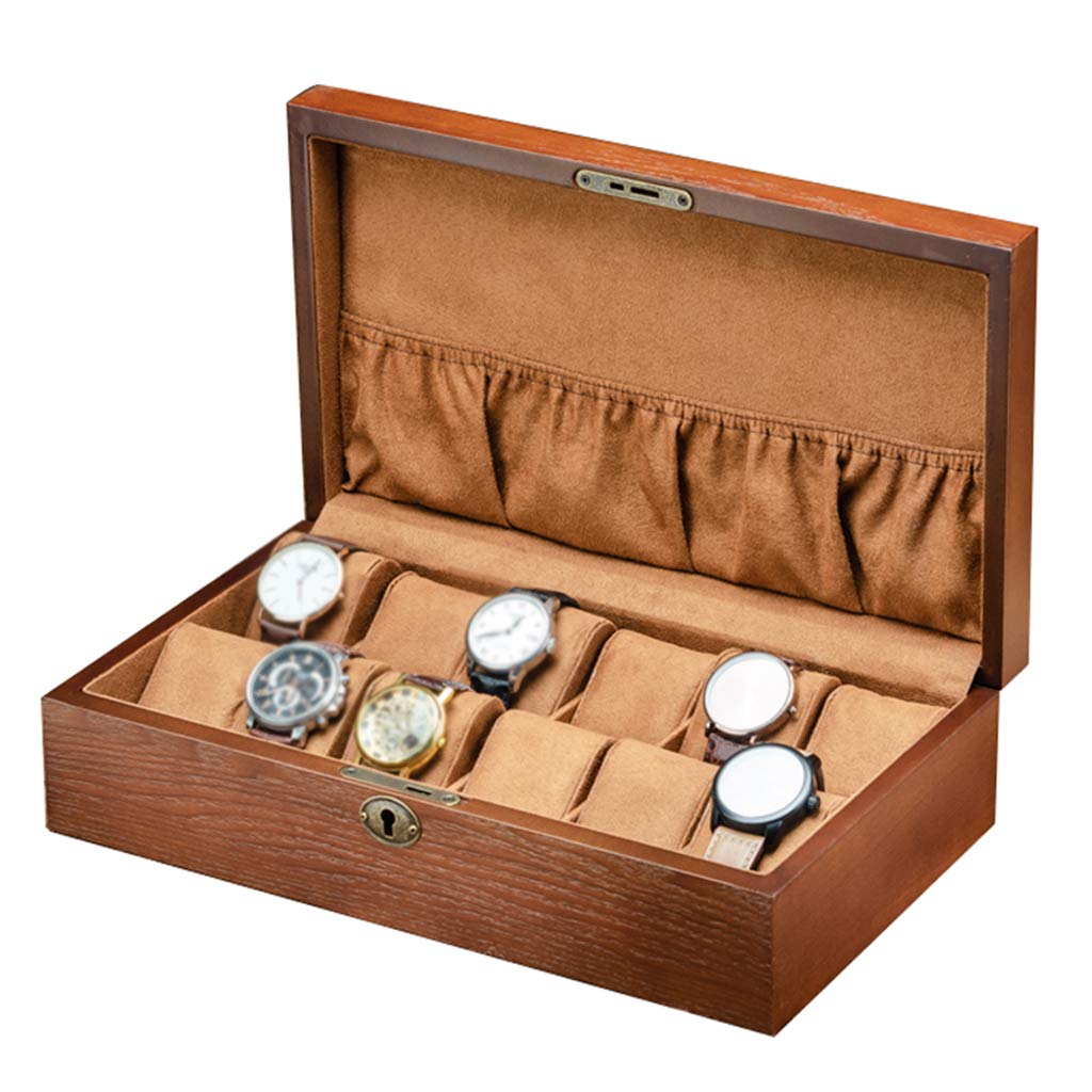 ANVLOJRIH 10-Slot Watch Display Storage Box Wood Soft Flocking Lining Interior with 10 Cushions Metal Clasp Lock Showcase Organiser
