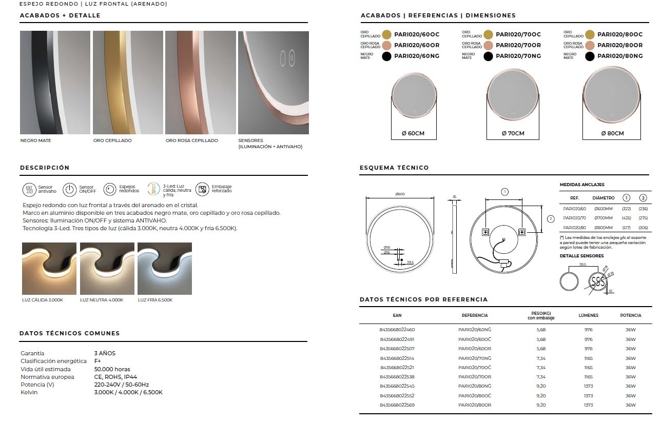 Mice Specchio con luce LED per bagno, camera da letto, spogliatoio - Specchio rotondo, luce frontale triled (luce calda, neutra e fredda) con doppio sensore antovaho e on/off, Ø 70 cm cornice oro