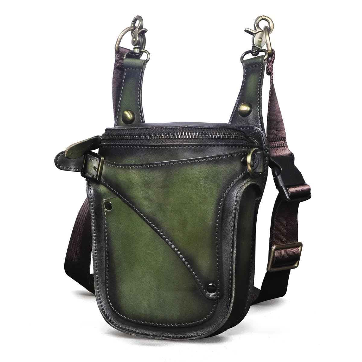 Sacoche de jambe moto design en cuir vert avec étui de taille ergonomique