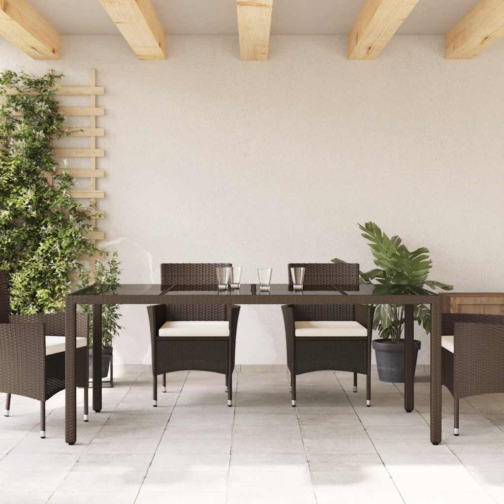 Stół ogrodowy ze szklanym blatem, brązowy, 190 x 90 x 75 cm, z polirattanu i stali malowanej proszkowo, odporny na warunki atmosferyczne, na taras, balkon, do ogrodu, stabilny stół składany