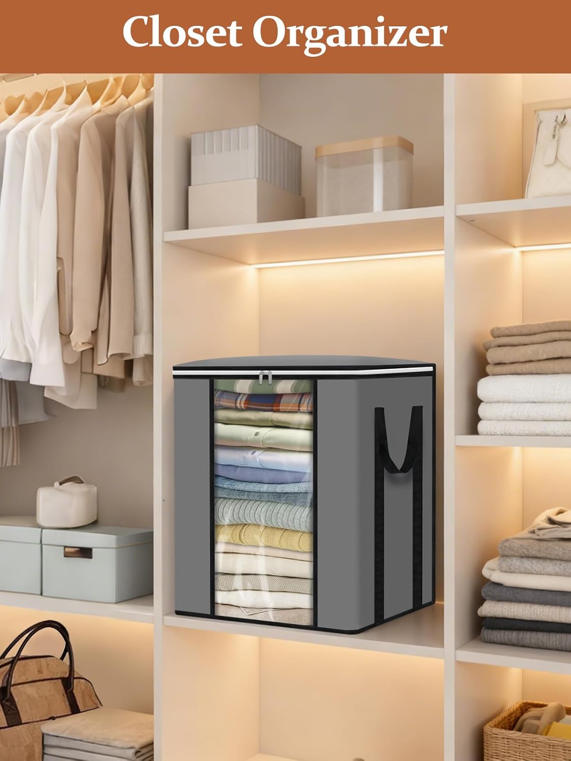 punemi 120L Blanket Storage Bags, Foldable Clothes Storage Organizer with Zipper, Reinforced Handle & Clear windows, Large Storage Bags for Blanket, Comforter, Bedding, Pillow, Clothes, 3Pack, Gray - Image 7