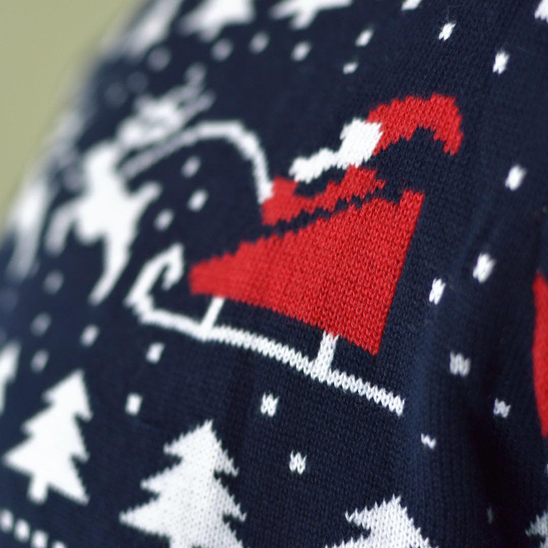 Pull de Noël pour Femme, Homme et Enfant Bleu avec Sapins, Bonhommes de Neige et Père Noël