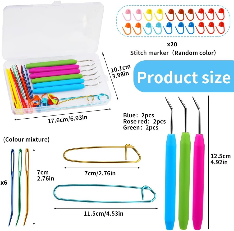 FTEVEN 45 Pieces Knitting Loom Hooks Set, Colorful Large Eye Bent Tapestry Needles, Plastic Large Eye Needles, Knitting Loom Needles with Knitting Needle Markings for DIY Handicrafts