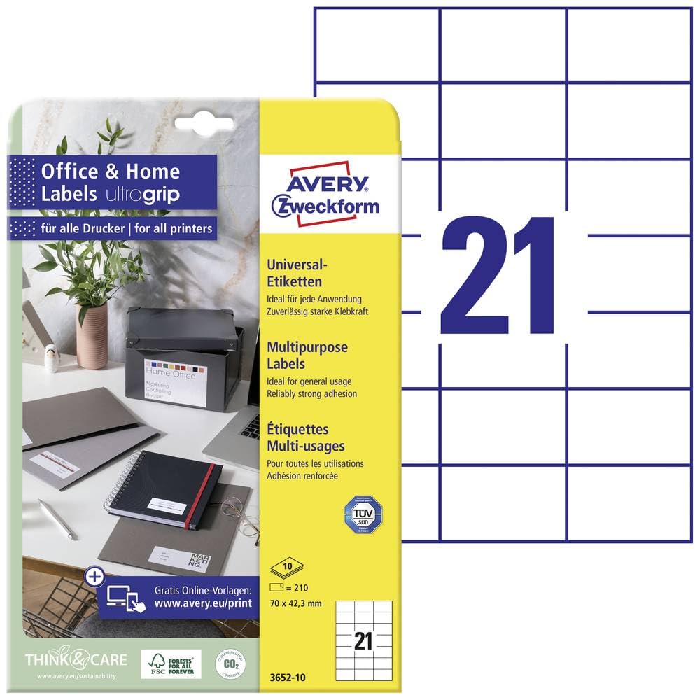 Avery Zweckform 6174 Address Labels A4 Matte Paper 525 Labels 70 x  42.3 mm White 210 Labels 10 Blatt White