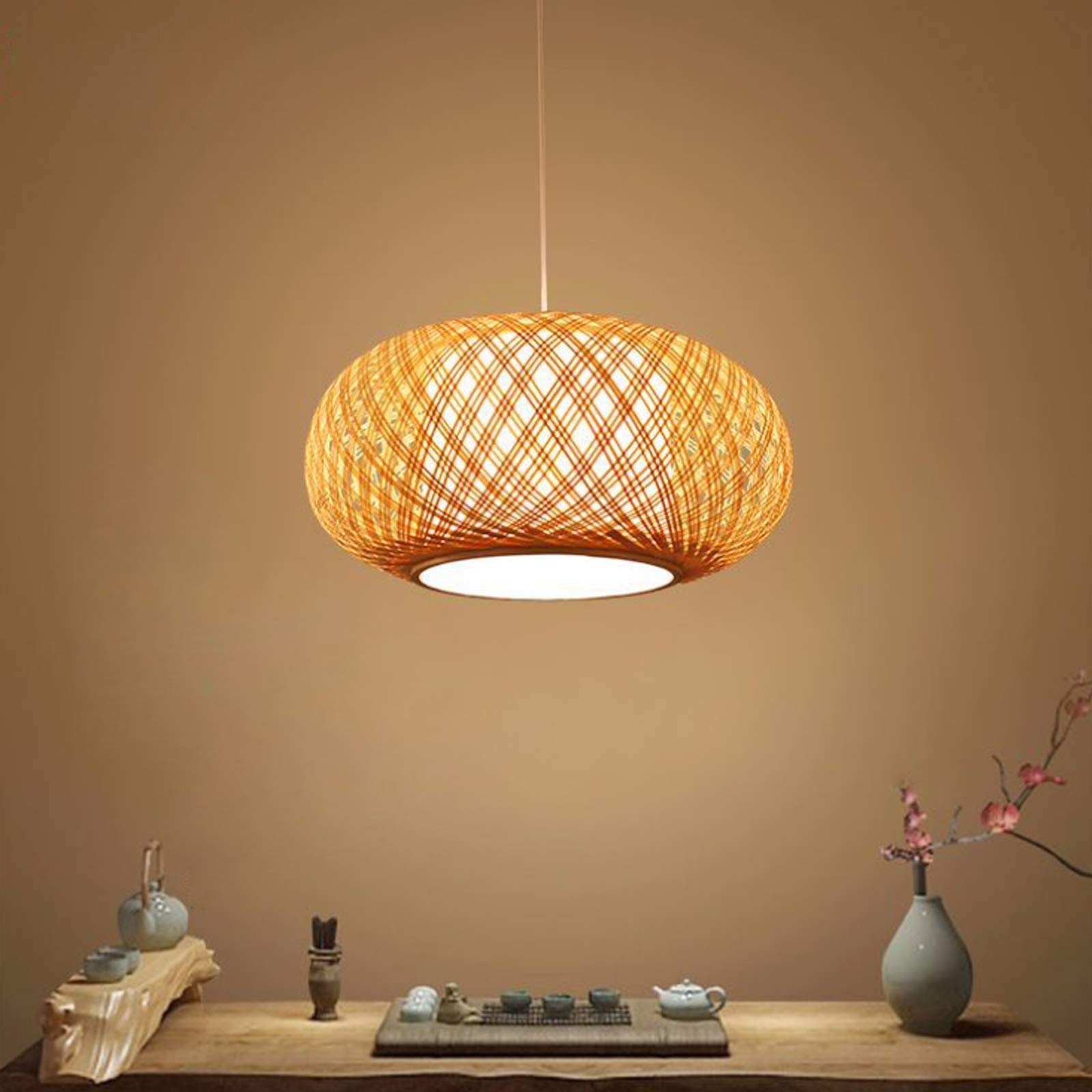 E27 lampa wisząca w stylu retro, naturalny bambus, ręcznie tkana, lampa wisząca, styl vintage, drewno, lampa sufitowa, regulacja wysokości, do jadalni, salonu, sypialni, kuchni, kawiarni, 50 cm