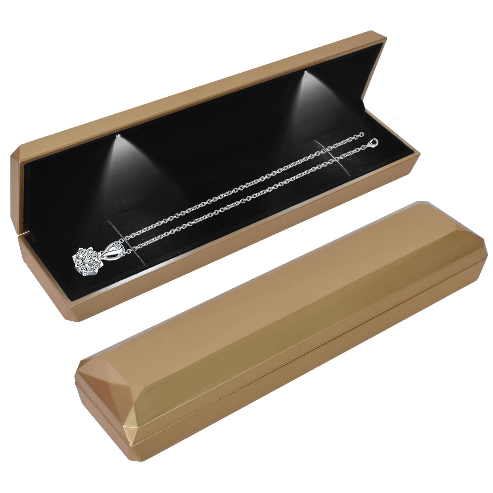 Long Necklace Box With LED Light, Necklace Bracelets Pendant Watch Chain Jewelry Gift Box, Velvet Jewelry Display Case with 2 LED Internal Light, for Proposal Engagement Wedding, 23*5.5*3.5cm, Gold-a