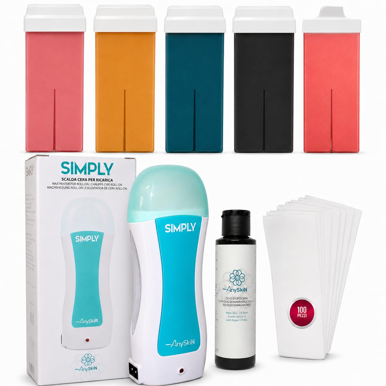 Kit Wachserhitzer mit professioneller Rolle – enthält 5 Nachfüllpackungen für Wachswalzen, fettlöslich, Schwarz, Aloe, Rose, Argan, Schnurrbart + Anyskin Afterwax Öl 100 ml und TNT
