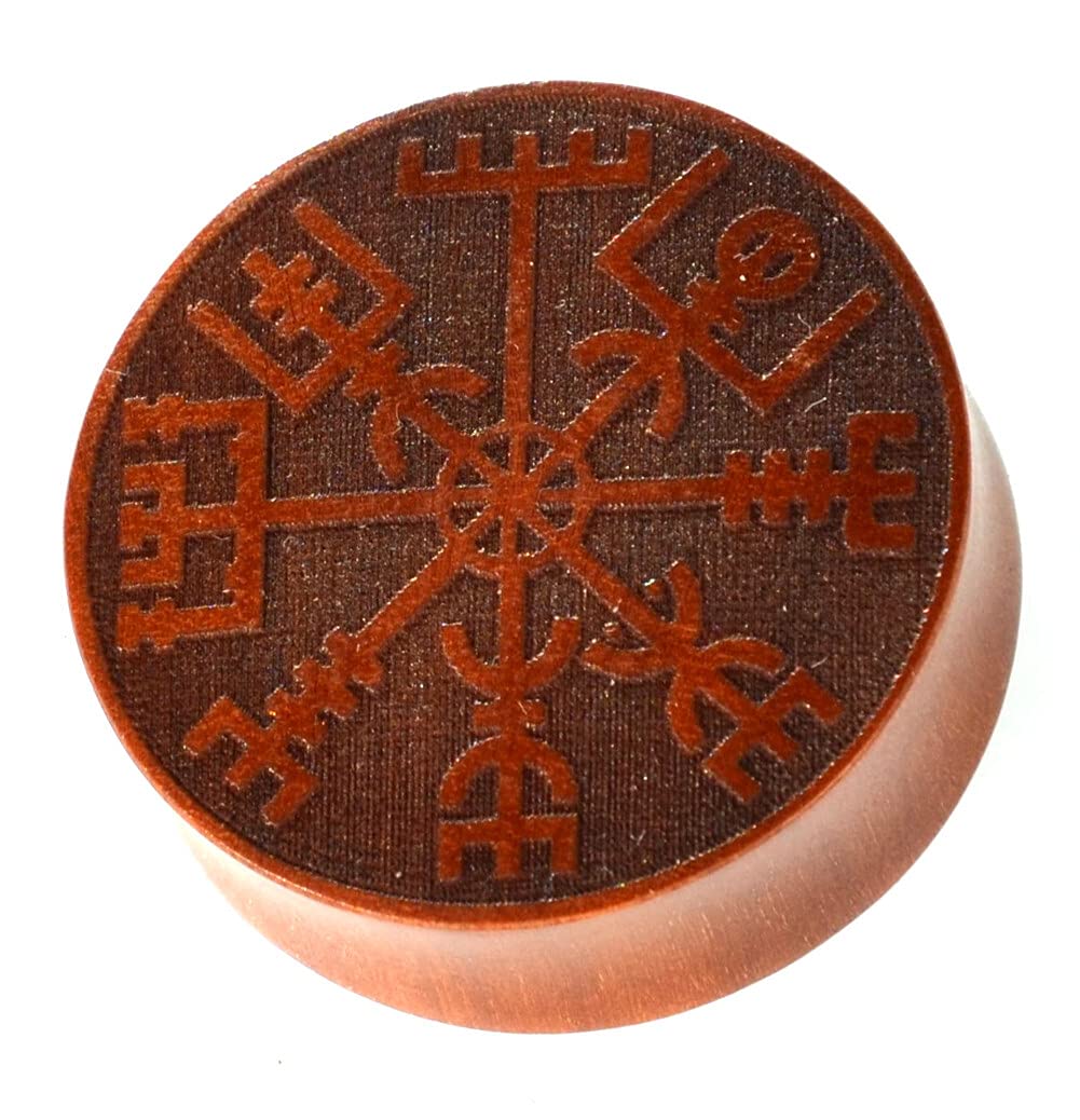 CHICNET Plug Flesh Tunnel Ohr Piercing rot braun Holz mit Gravur Inlay, double flared Wikinger Kompass Runen Viking Vegvisir Tribal Celtic Dehner 6mm-30mm
