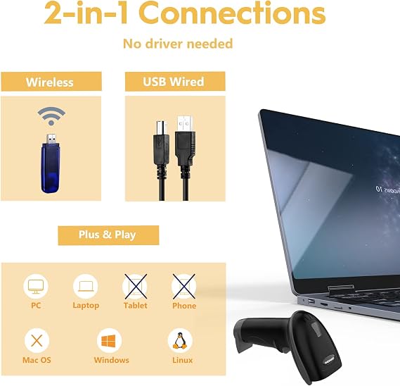 NADAMOO Wireless Barcode Scanner 328 Feet Transmission Distance USB Cordless 1D Laser Automatic Barcode Reader Handhold Bar Code Scanner with USB Receiver for Store, Supermarket, Warehouse - Black