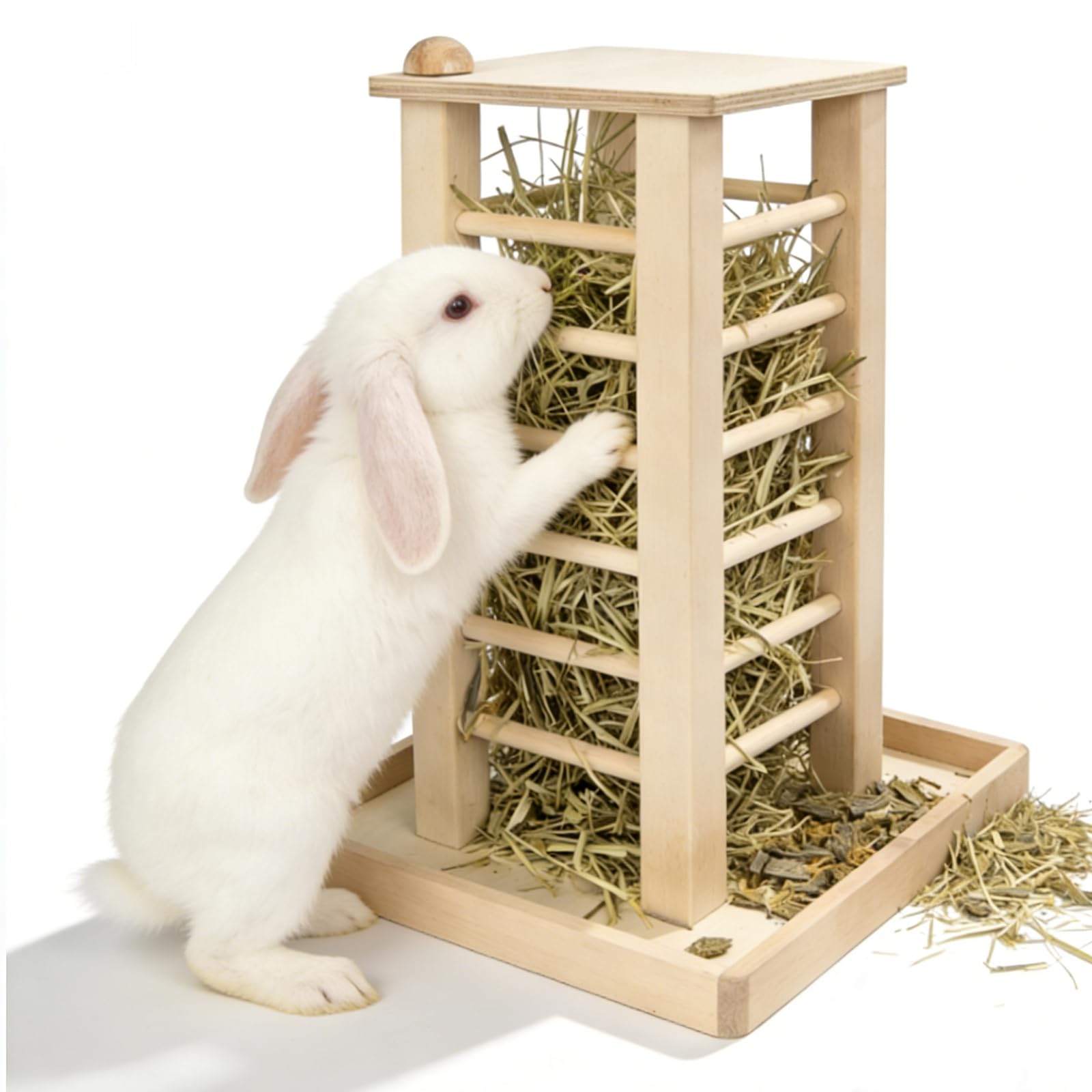 Comedero para conejos, comederos de heno, 36,5 x 24,5 x 16,5 cm, comedero de madera para mascotas pequeñas, conejos, chinchilla, soporte estable en forma de cubo
