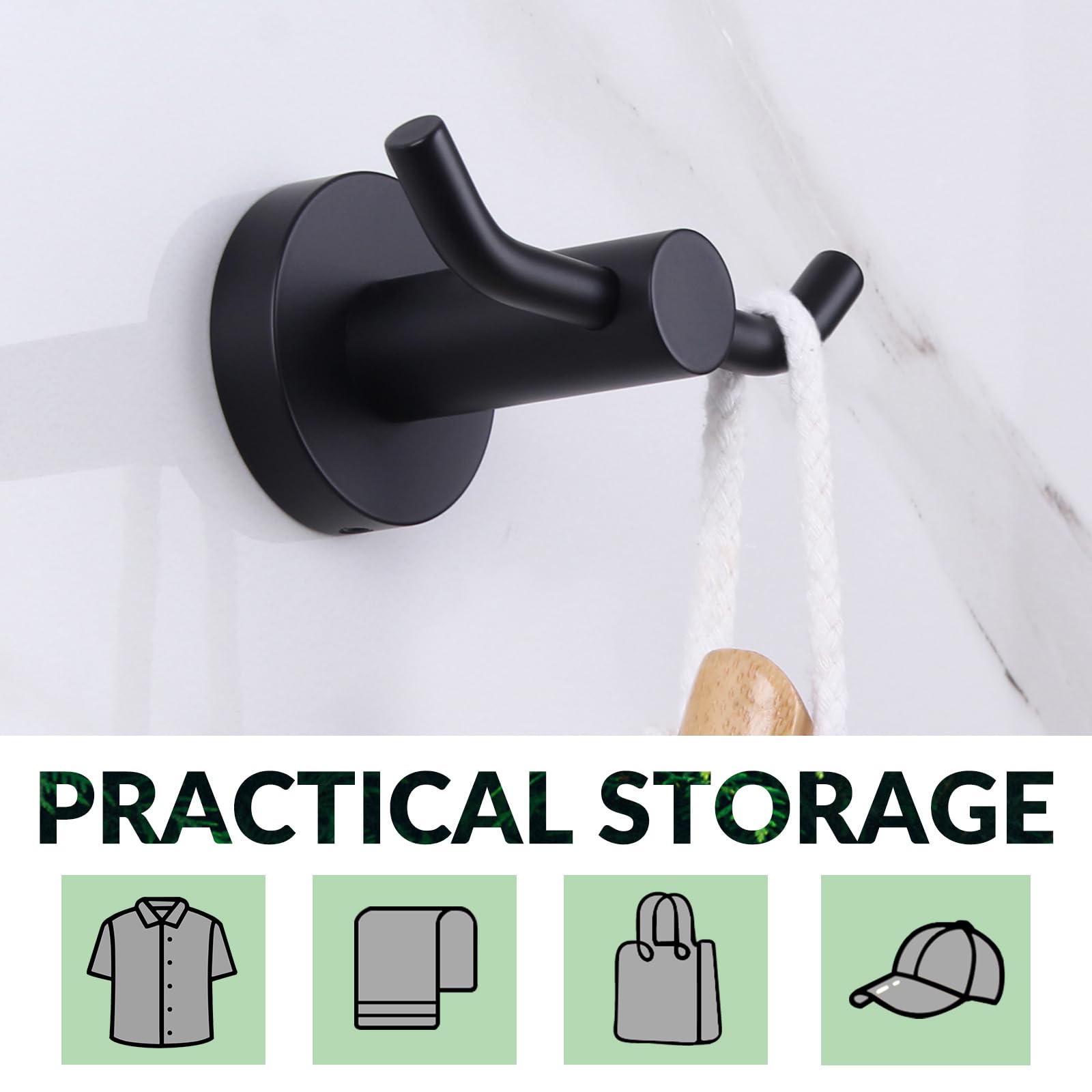 APLusee Double Bath Towel Hook, Premium Stainless Steel Coat Holder, Modern Bathroom Kitchen Storage Hanger Wall Mounted, Matte Black