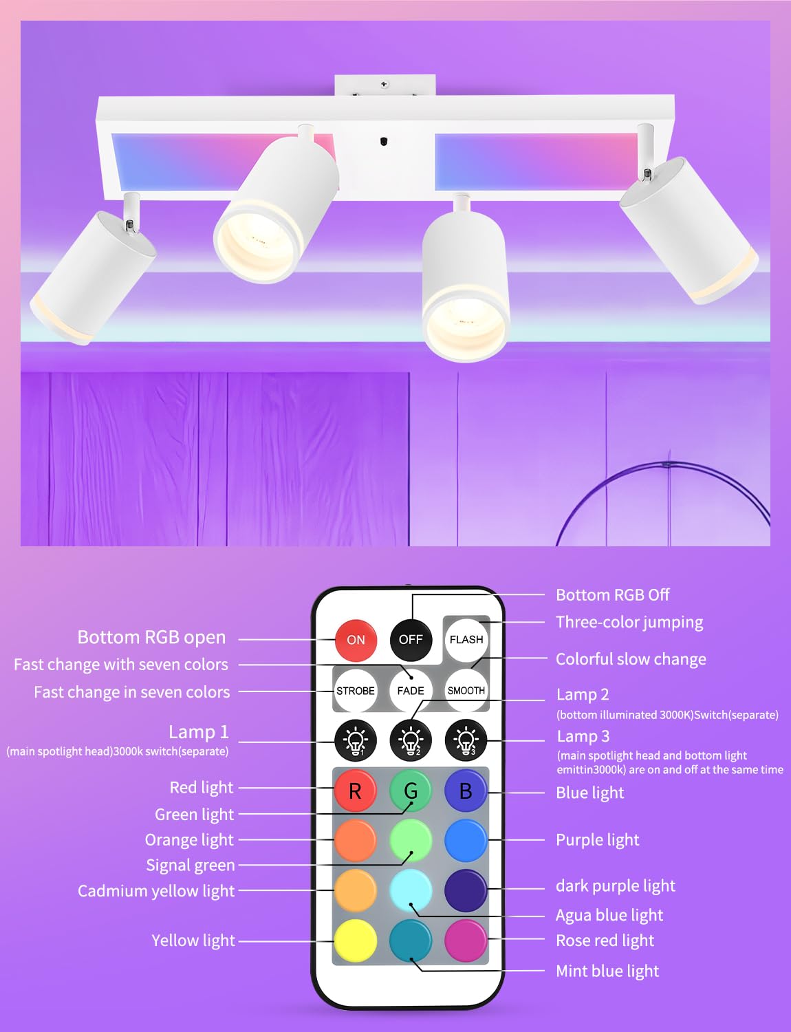 YindaLux Deckenstrahler LED mit Fernbedienung RGB Farbwechsel 30W 3600LM | Weiß RGB Deckenleuchte 4 Flammig mit Unteres Glühen, Inkl. GU10 Leuchtmittel, Schwenkbar Strahler Lampe für Wohnzimmer