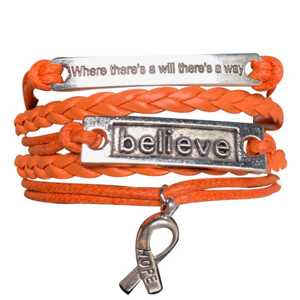 Orange Ribbon Bracelet, Where There is a Will There is a Way Leukemia Awareness, MS Awareness, Self Injury, Kidney Cancer, ADHD, Malnutrition Awareness, Awareness Jewelry