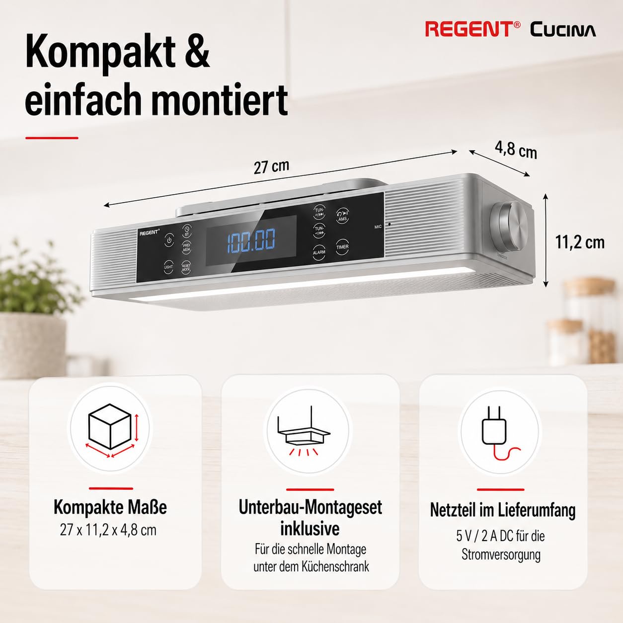 Regent Cucina Unterbau Küchenradio mit FM, Bluetooth, LED-Leiste, Farbdisplay, Küchentimer & 2 Wecker, perfektes Unterbauradio für die Küche, Farbe: Silber