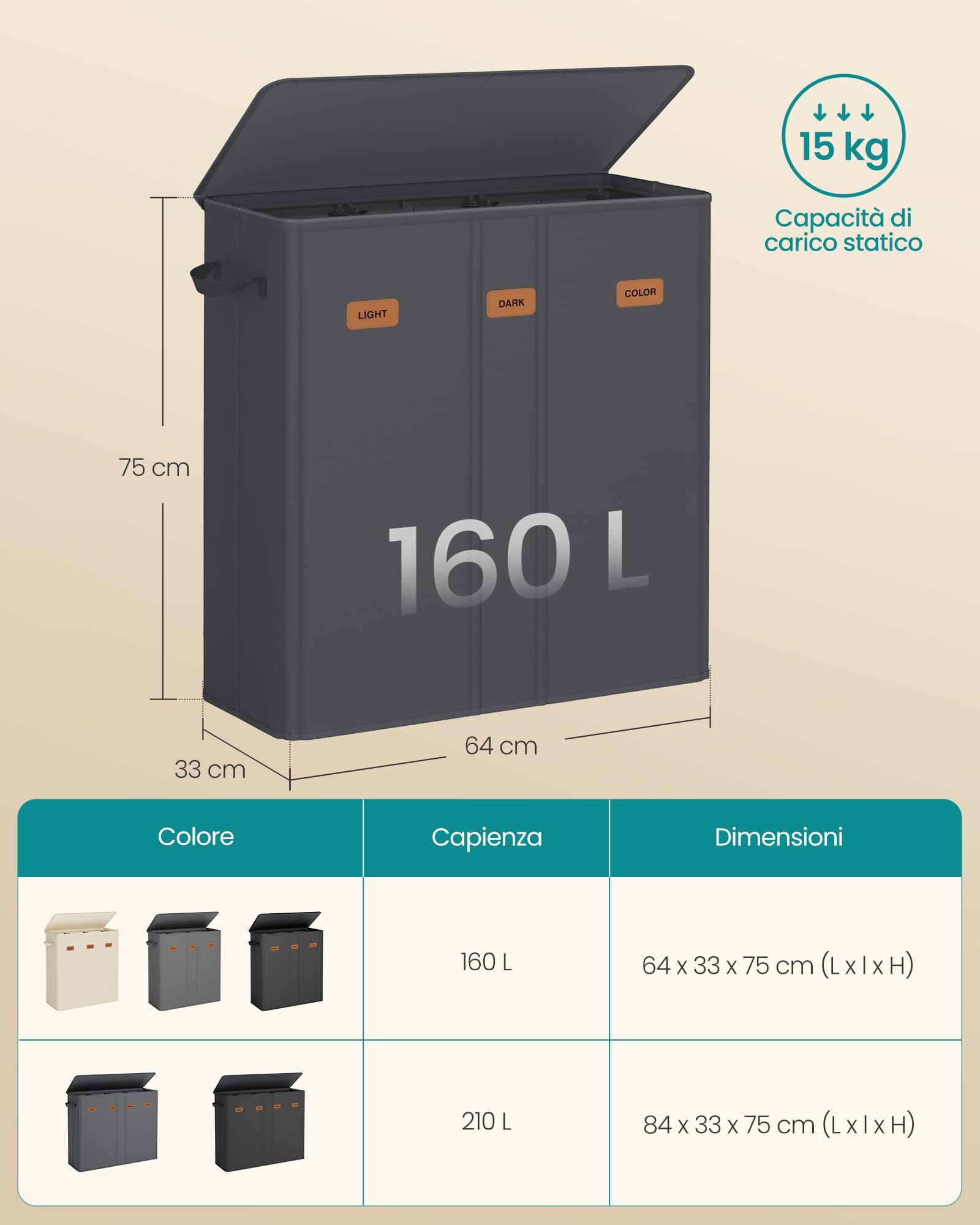 SONGMICS Cesto Portabiancheria 3 Scomparti, Porta Biancheria 160 L, Coperchio, 5 Etichette, Sacchi Interni Rimovibili e Lavabili in Lavatrice, Lavanderia Camera da Letto, Grigio Scuro RLH013G01